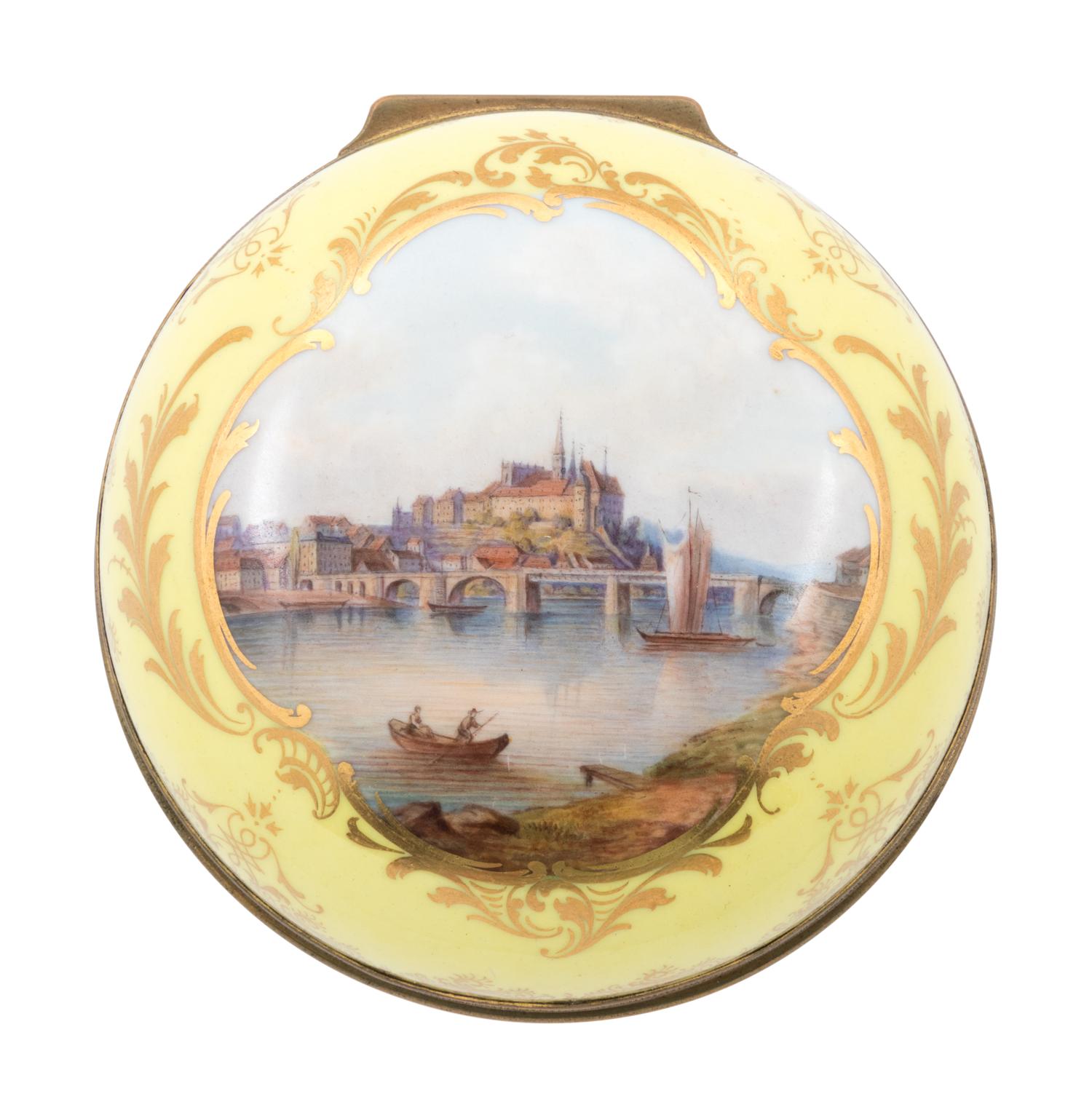 A Meissen Gilt Metal Mounted Painted and Parcel Gilt Yellow-Ground Porcelain Box
