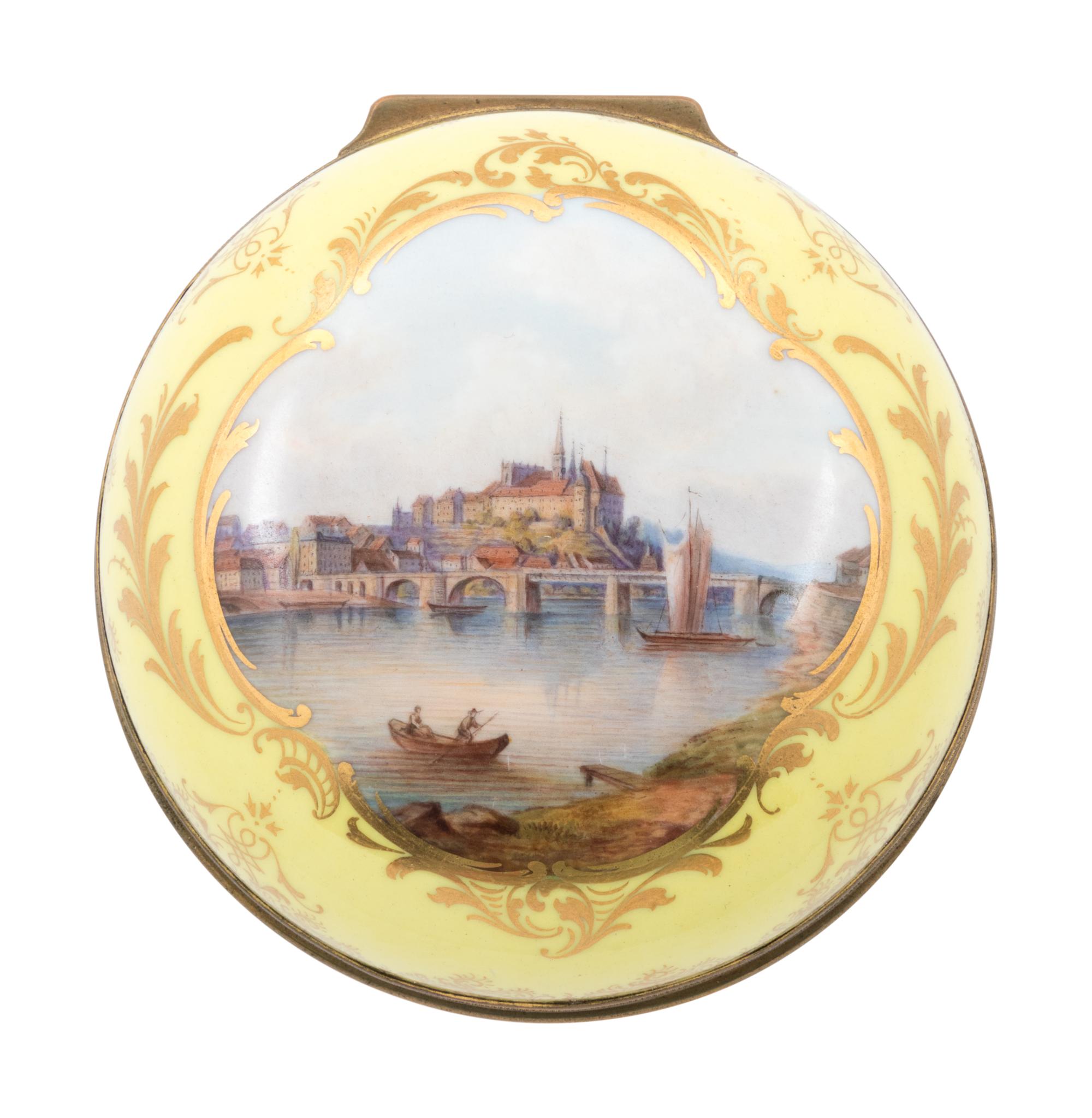 A Meissen Gilt Metal Mounted Painted and Parcel Gilt Yellow-Ground Porcelain Box