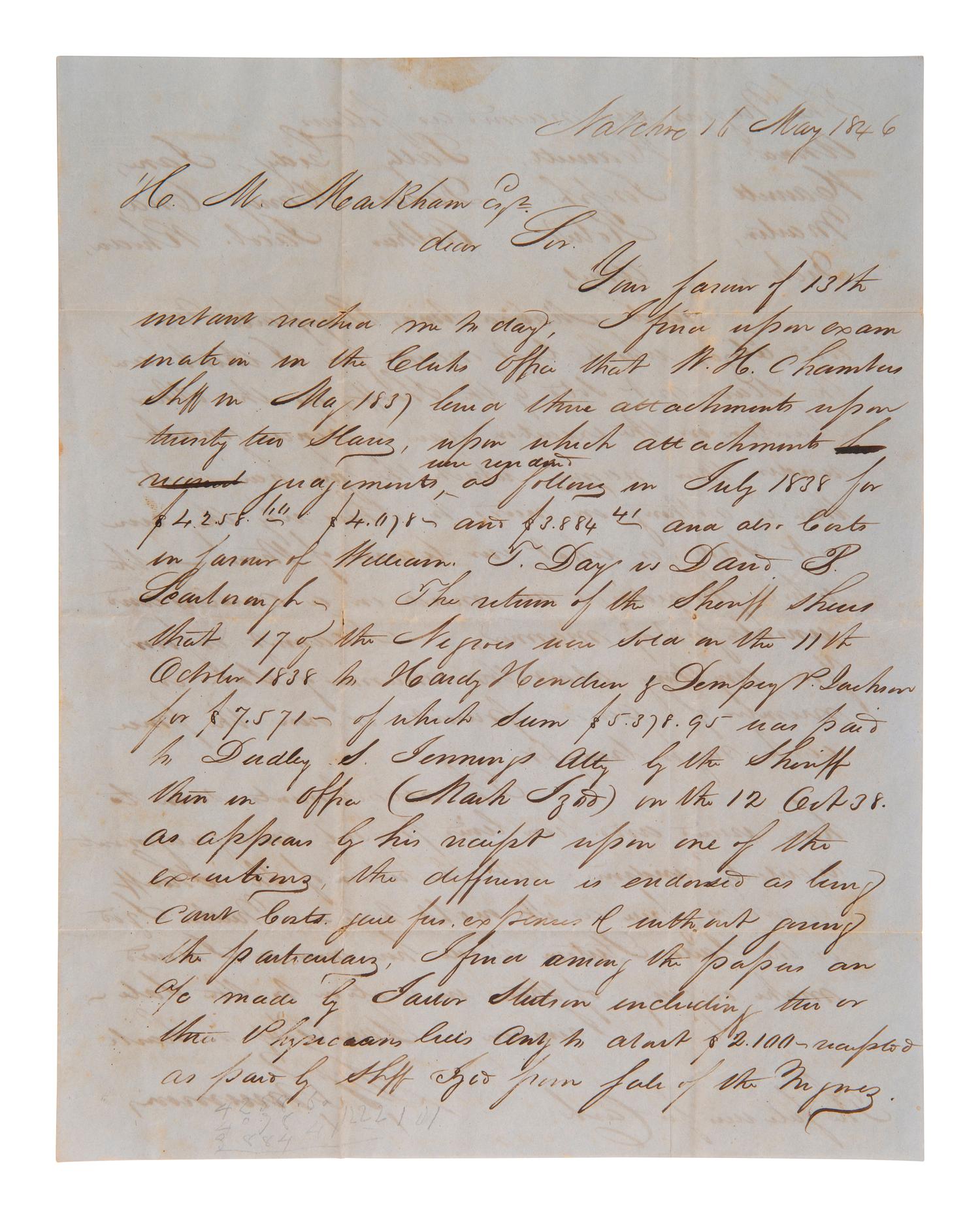 [ENSLAVEMENT]. Letter regarding the sale of 22 named enslaved persons, with legal implications. 1846.