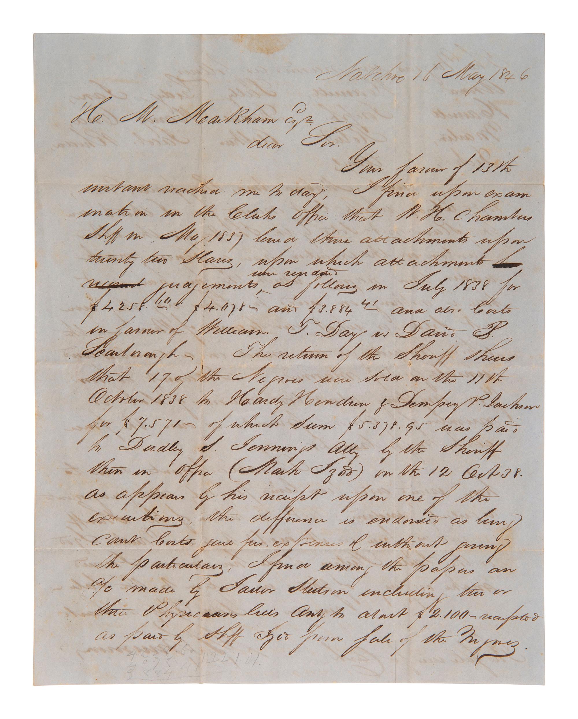 [ENSLAVEMENT]. Letter regarding the sale of 22 named enslaved persons, with legal implications. 1846.