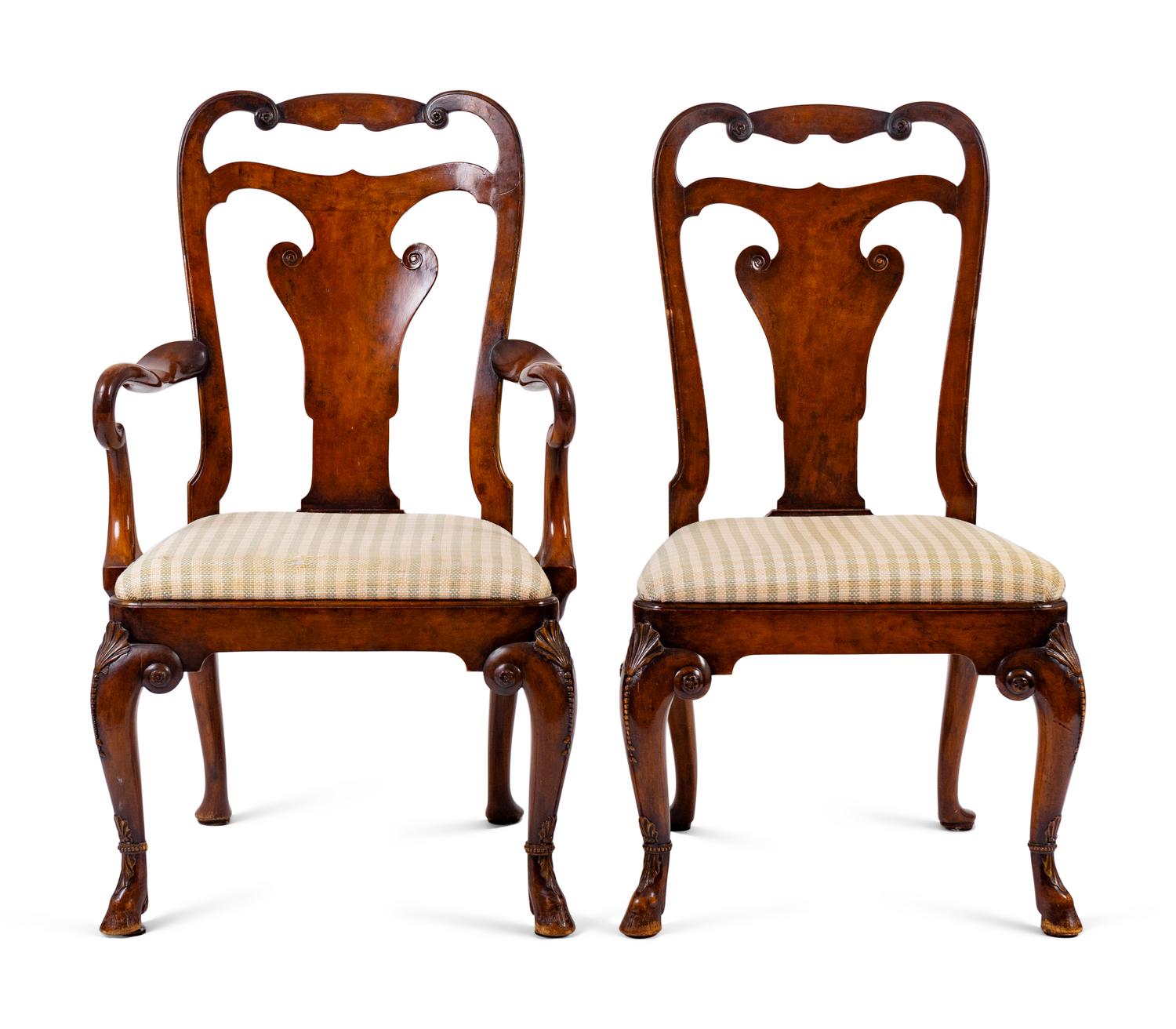 A Set of Six George II Style Walnut and Burl Veneer Dining Chairs — 19TH CENTURY