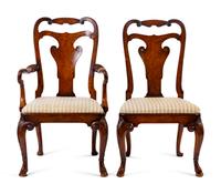 A Set of Six George II Style Walnut and Burl Veneer Dining Chairs — 19TH CENTURY