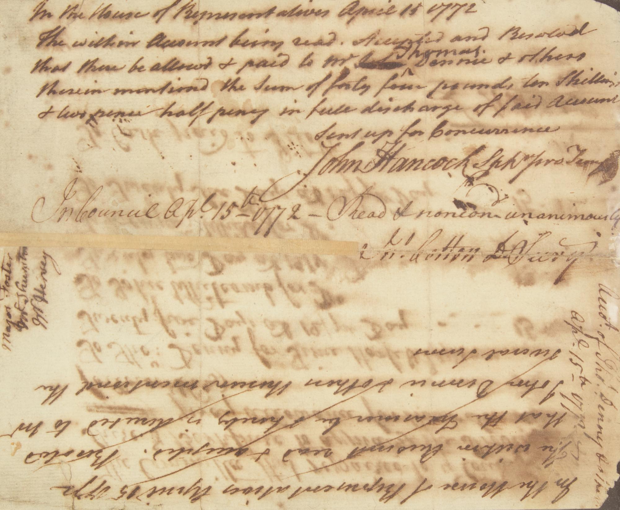 Hancock, John. Autograph Document, signed