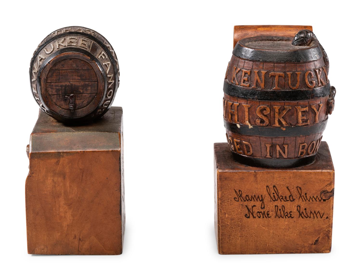 Two Prohibition Era 'John Barleycorn' Folk Art Carved Whiskey Barrels