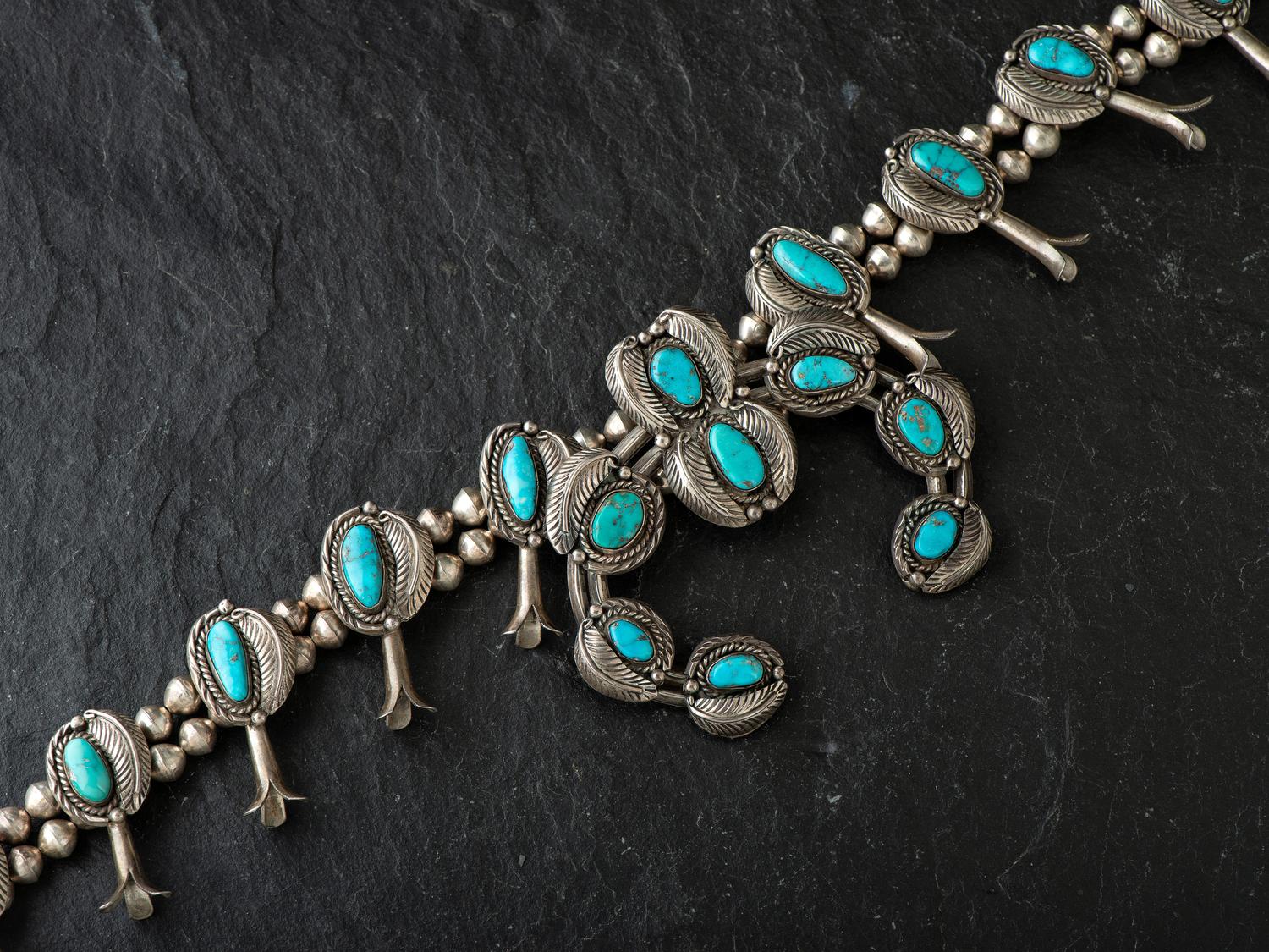 Navajo Silver and Turquoise Squash Blossom Necklace