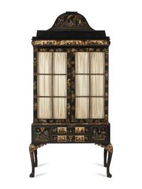 A Queen Anne Style Polychrome and Black Japanned Bookcase on Stand