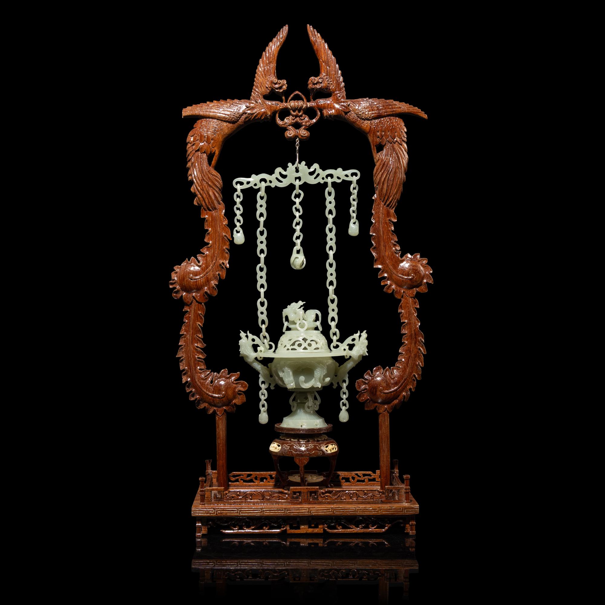 A Chinese Celadon Jade Hanging Incense Burner, 20th Century — 近代 青玉鏈式爐