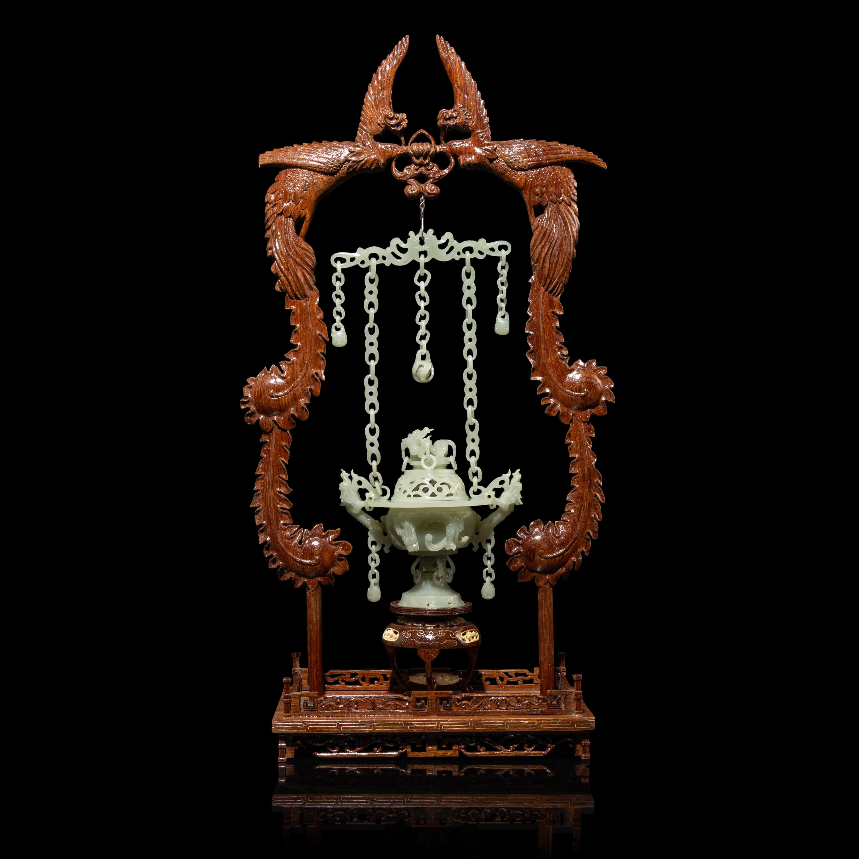 A Chinese Celadon Jade Hanging Incense Burner, 20th Century — 近代 青玉鏈式爐