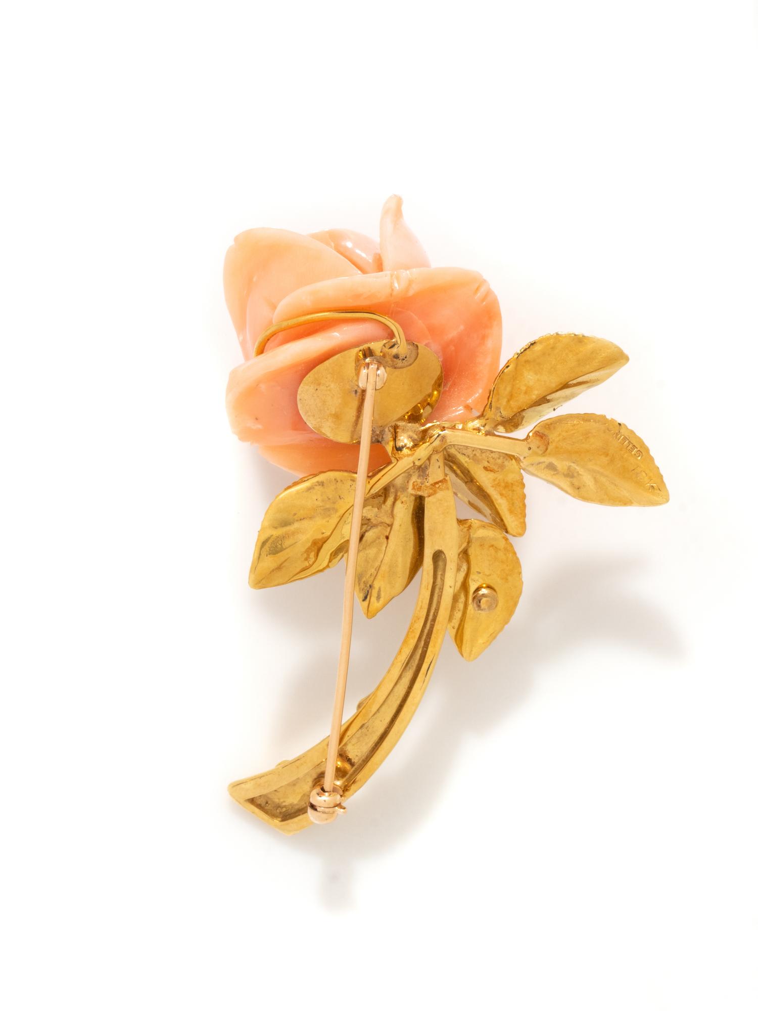CELLINO, CORAL, DIAMOND, AND YELLOW GOLD ROSE BROOCH