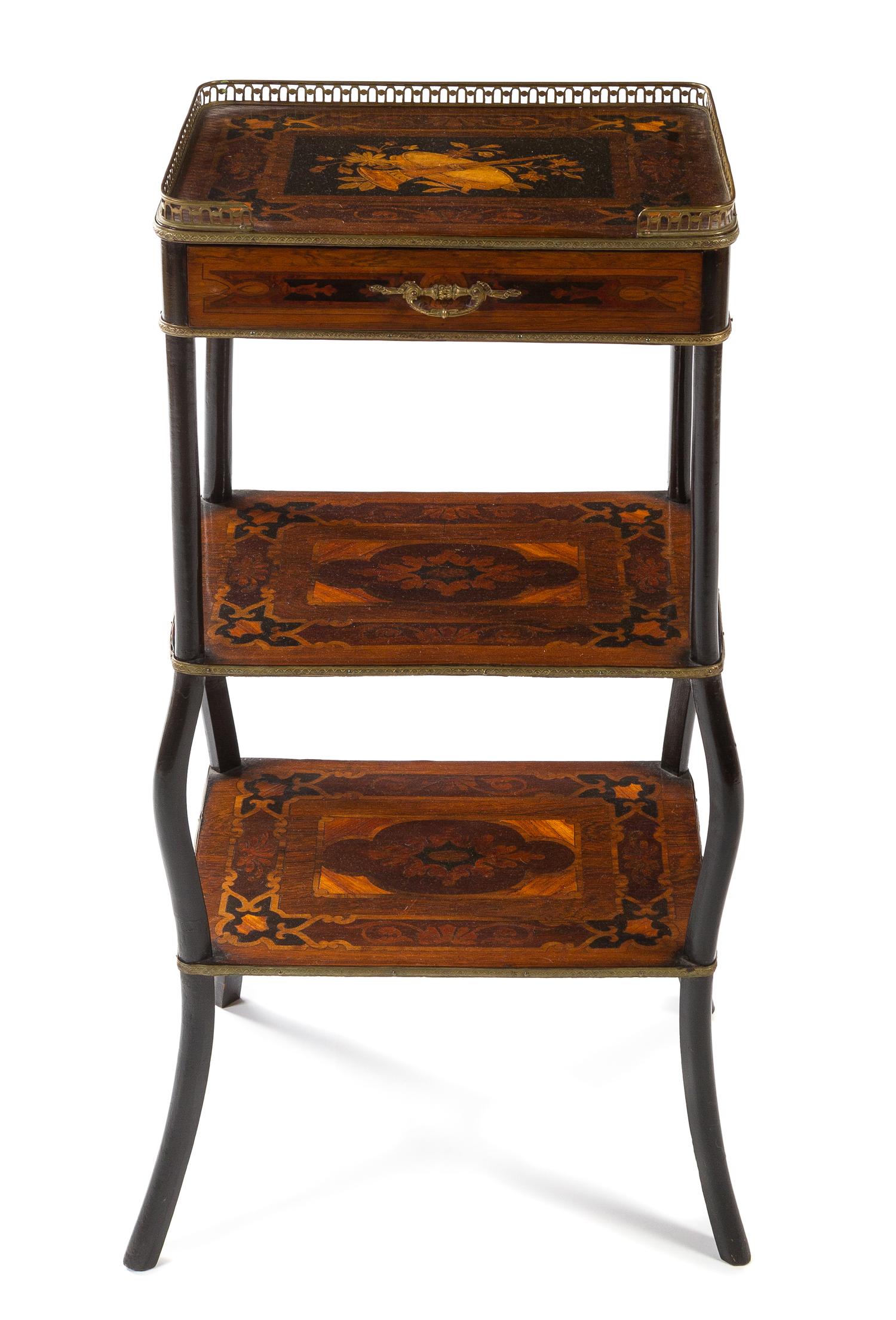 A Continental Marquetry Etagere Height 33 3/4 x width 17 x depth 13 inches. — 19TH CENTURY