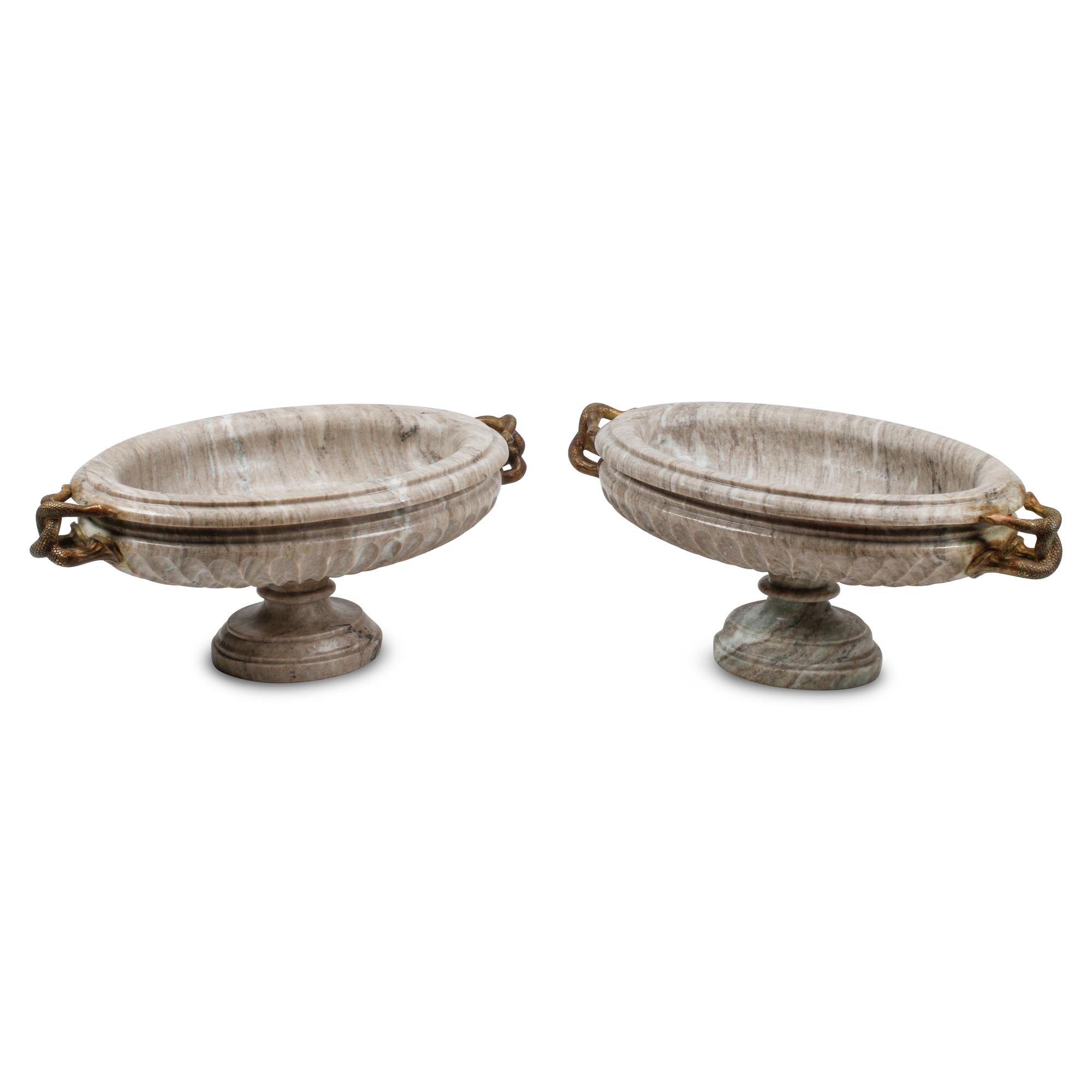 A Pair of Italian Gilt Bronze Mounted Marble Tazze