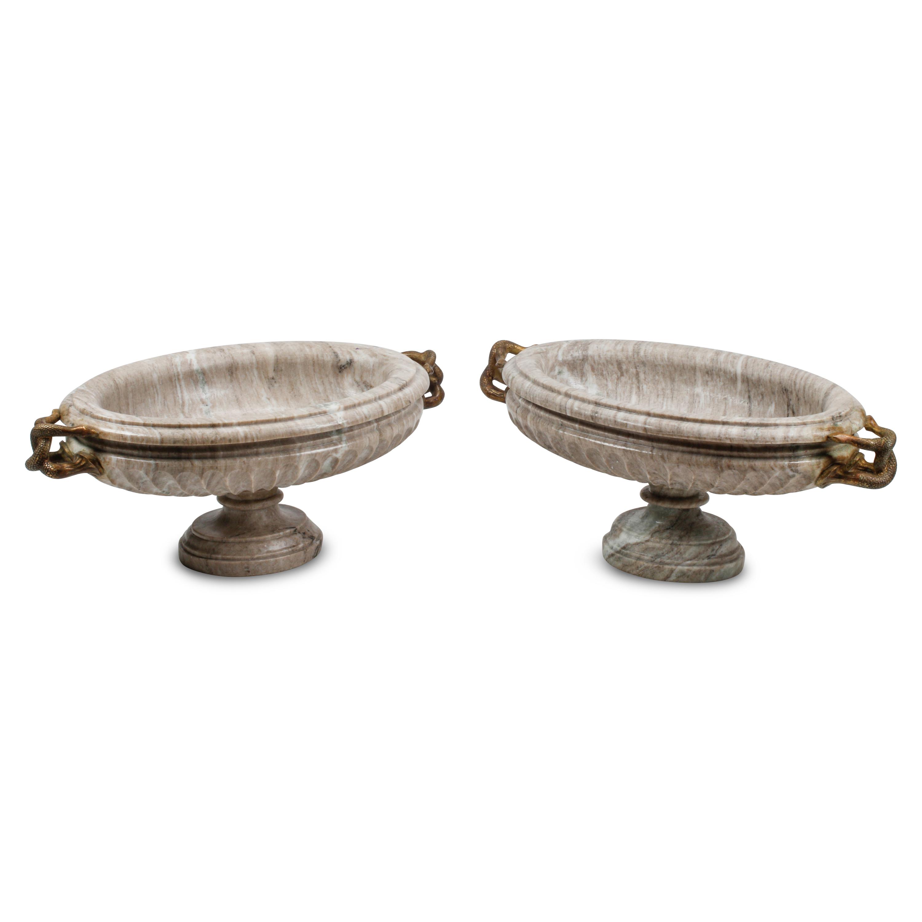 A Pair of Italian Gilt Bronze Mounted Marble Tazze