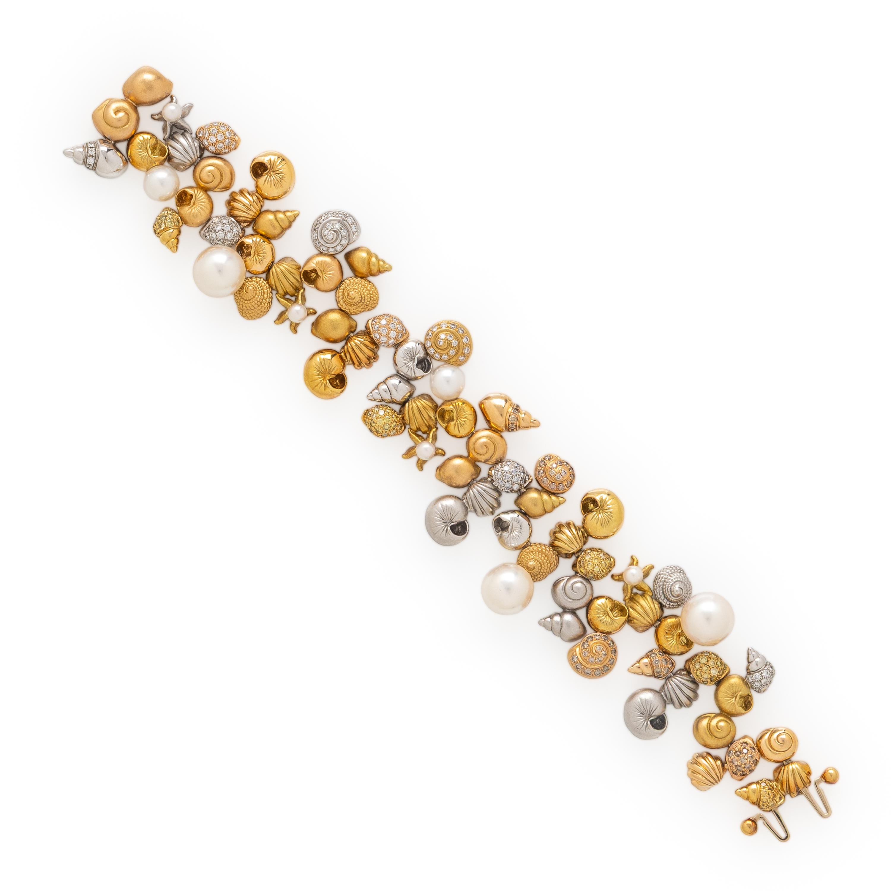 Paul Morelli, Tricolor Gold, Diamond, and Cultured Pearl Shell Motif Bracelet