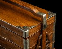 A Chinese Huanghuali and Mixed Wood Three-Tier Picnic Box, Tihe 黃花梨拼雜木三撞提盒