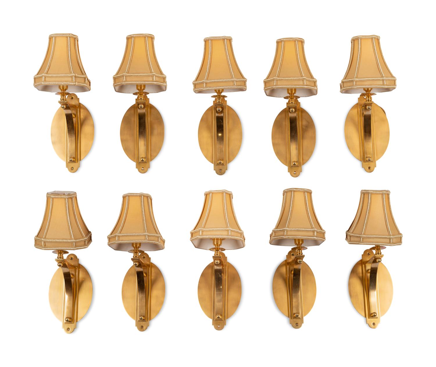 A Set of Ten Brass Single-Light Sconces with Custom Shades