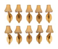 A Set of Ten Brass Single-Light Sconces with Custom Shades