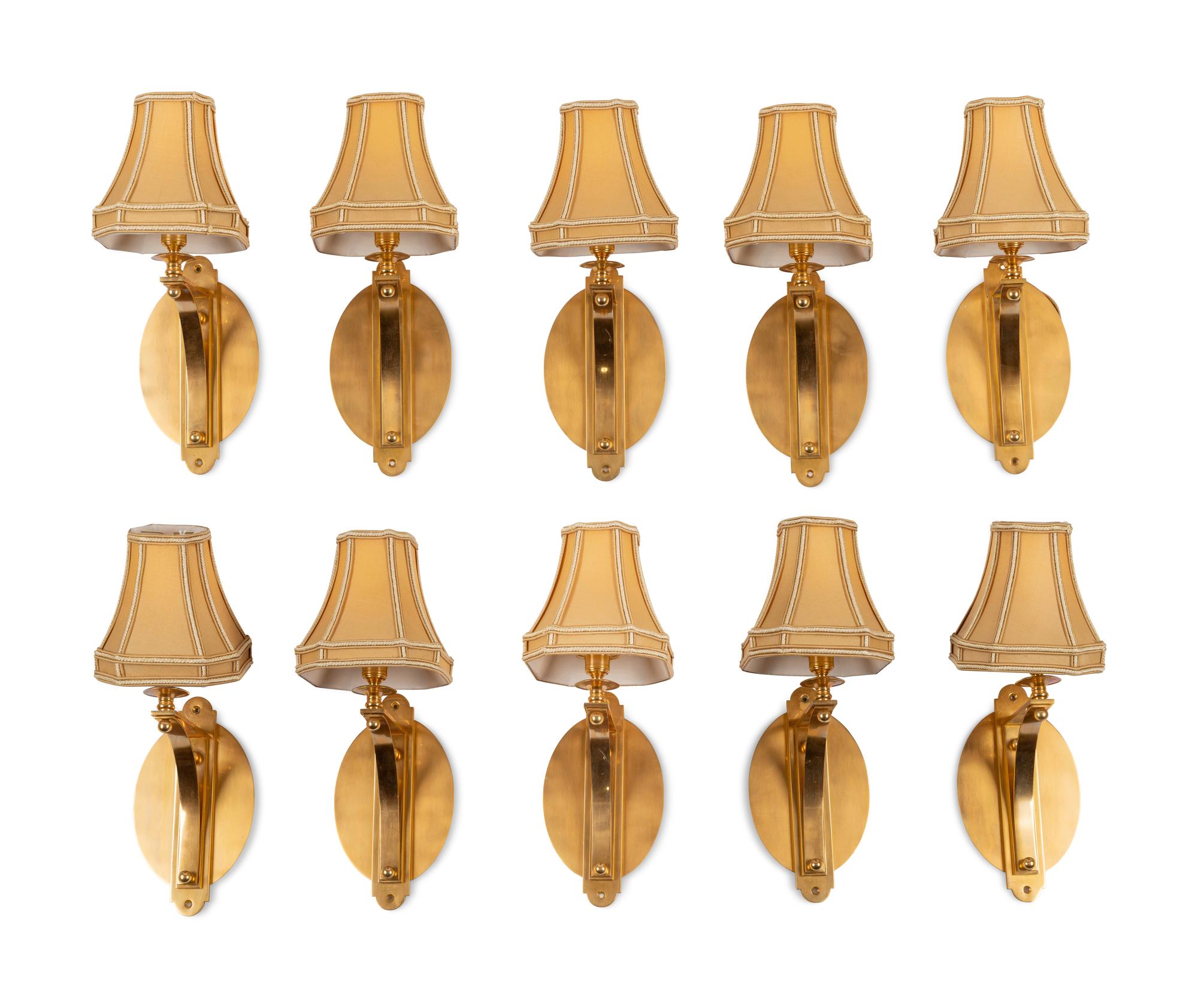 A Set of Ten Brass Single-Light Sconces with Custom Shades