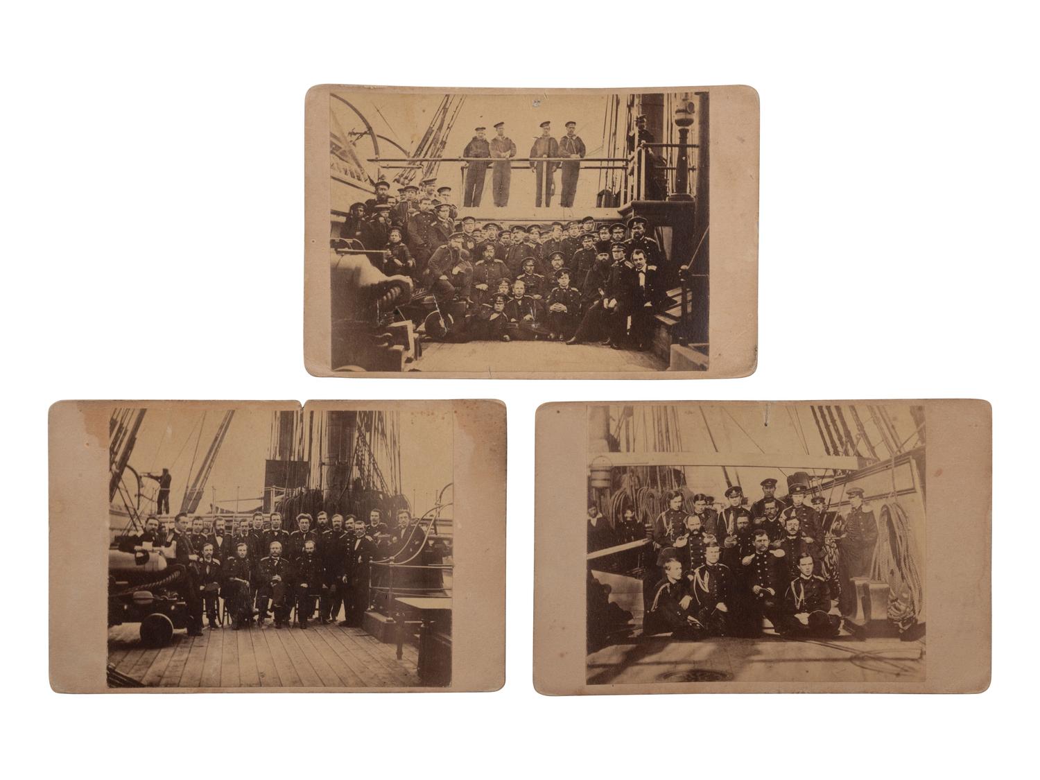 [CIVIL WAR]. KLAUSER, William, photographer. A group of 3 CDVs of Russian crews aboard identified warships that helped secure Union Harbors, incl. Variag , Osliaba , and Almaz . New York, n.d.