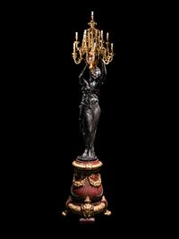 A Pair of Monumental Gilt and Patinated Bronze and Rouge Marble Figural Torchères