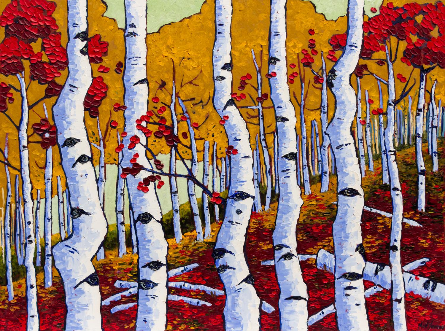 Aspen Trees with Red Autumn Leaves