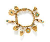 YELLOW GOLD AND TURQUOISE CHARM BRACELET