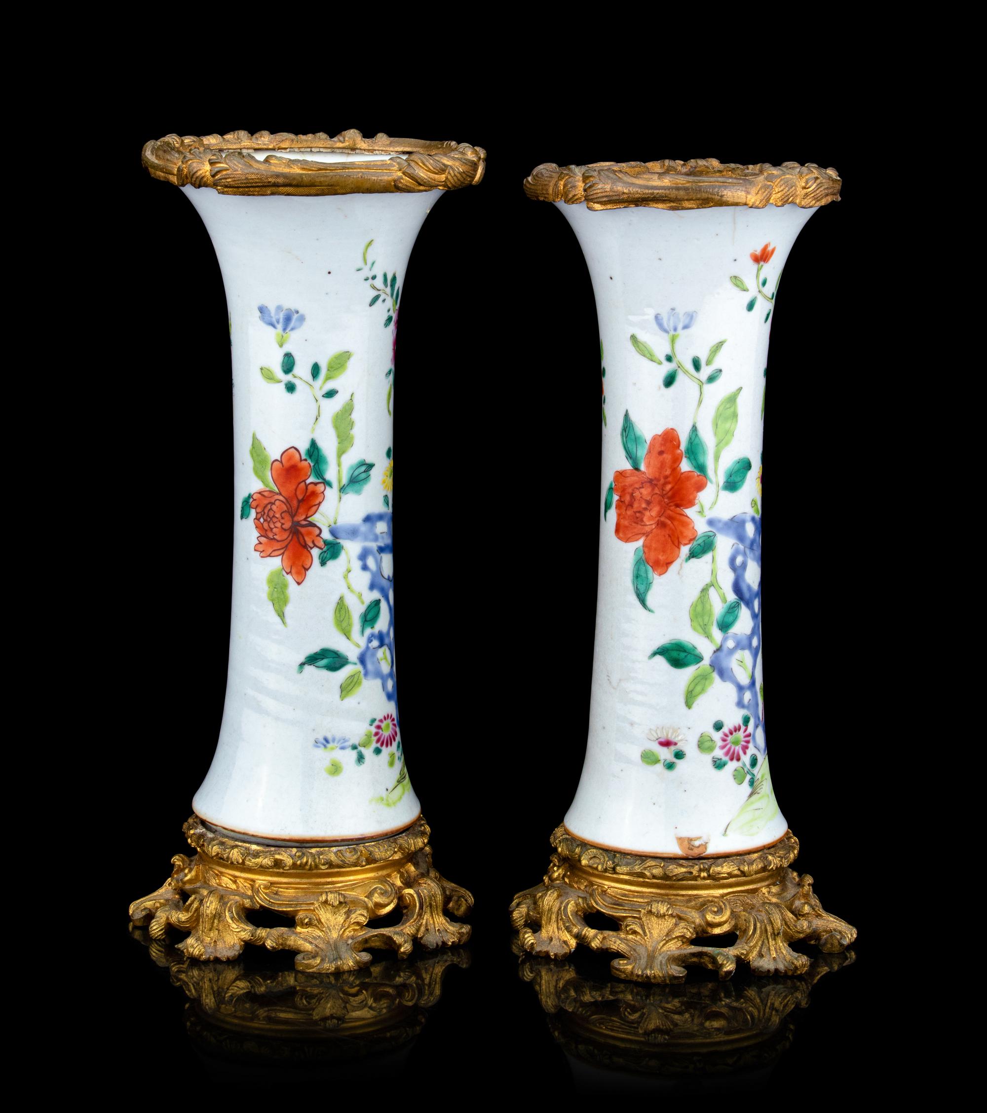 A Pair of Gilt Mounted Chinese Export Famile Rose Porcelain Gu Vases