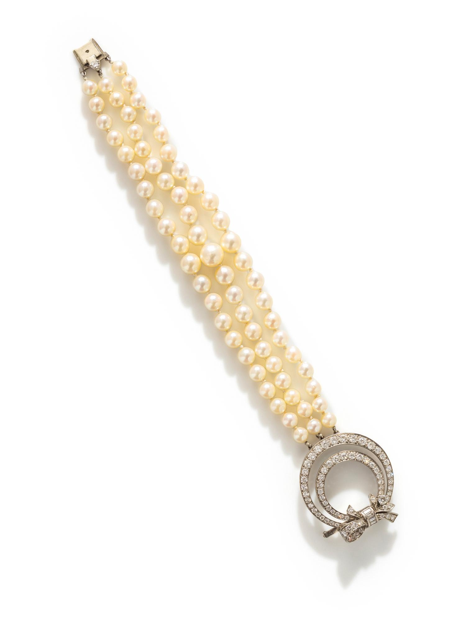 TIFFANY & CO., PALLADIUM, DIAMOND AND CULTURED PEARL BRACELET