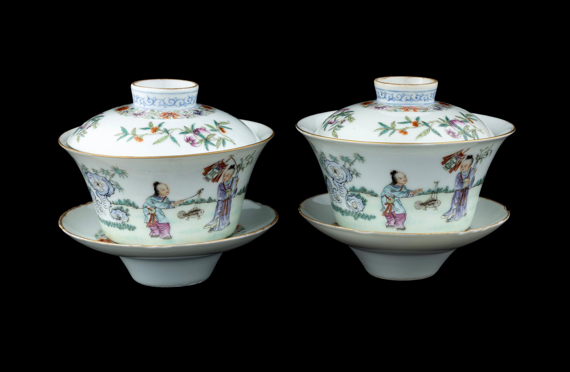 A Pair of Chinese Famille Rose Porcelain Covered Tea Bowls and Undertrays