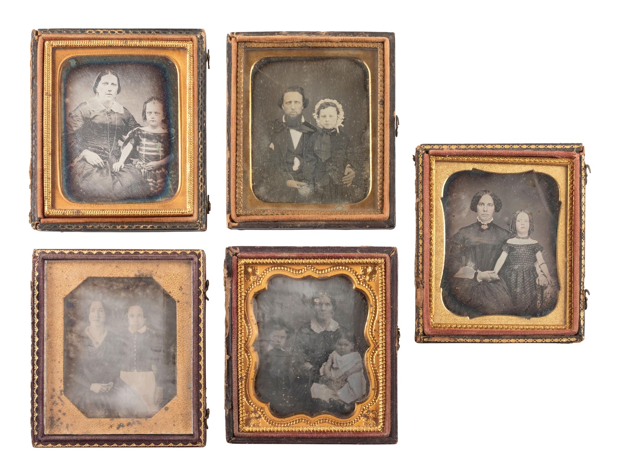 [EARLY PHOTOGRAPHY]. 19 sixth plate daguerreotypes of parents with children.