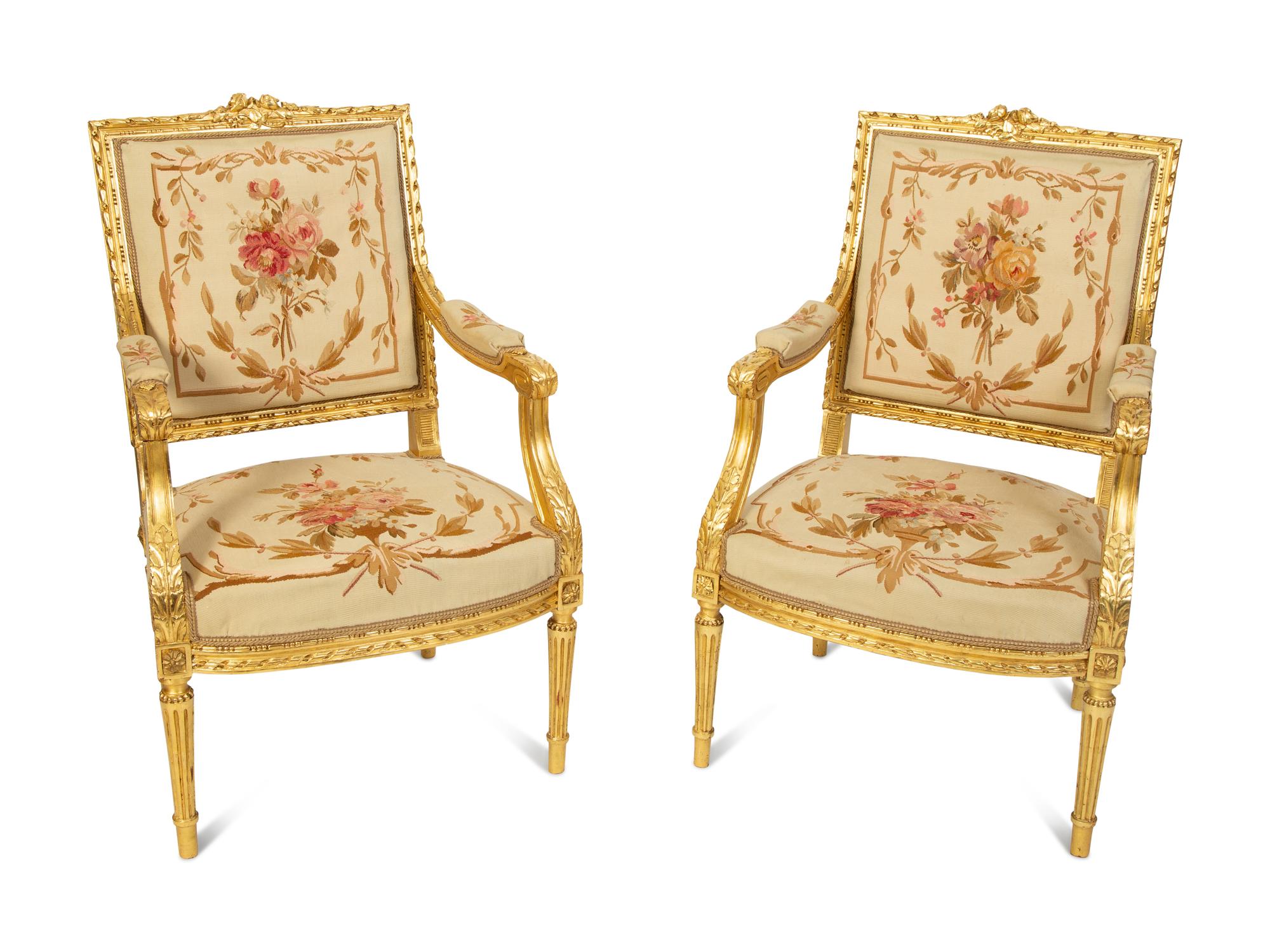 A Louis XVI Style Giltwood Five-Piece Salon Suite — LATE 19TH CENTURY
