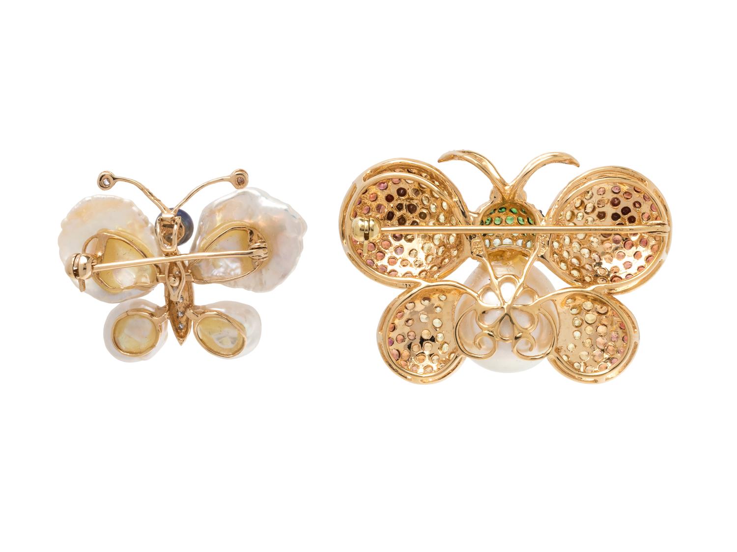 COLLECTION OF PEARL AND DIAMOND BUTTERFLY PENDANT/BROOCHES