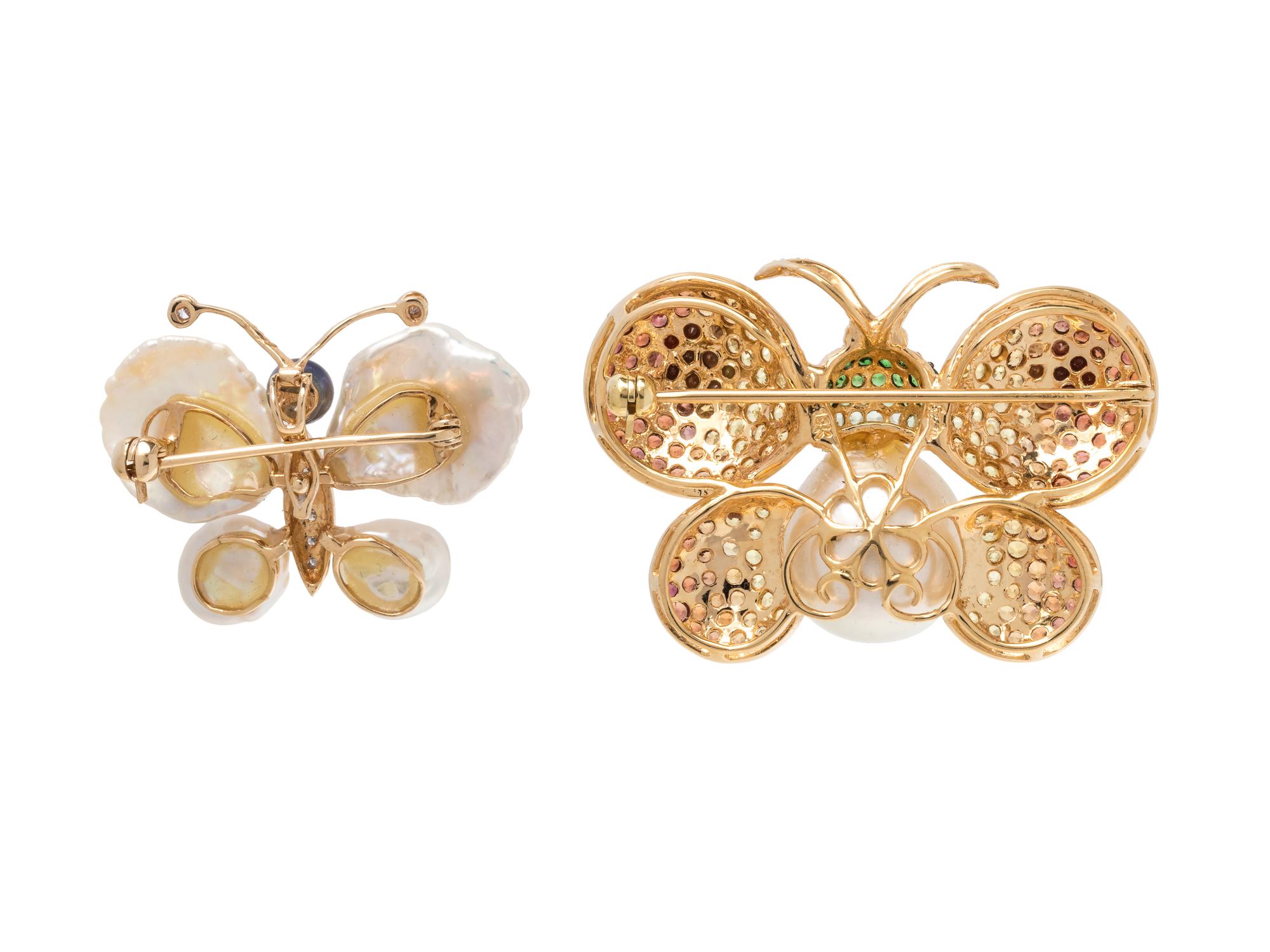 COLLECTION OF PEARL AND DIAMOND BUTTERFLY PENDANT/BROOCHES