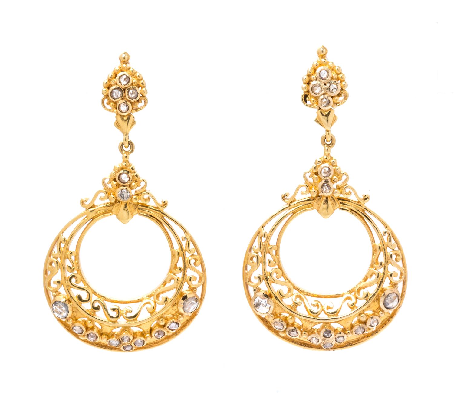 A Pair of 18 Karat Yellow Gold and Diamond Pendant Earrings, 9.50 dwts.