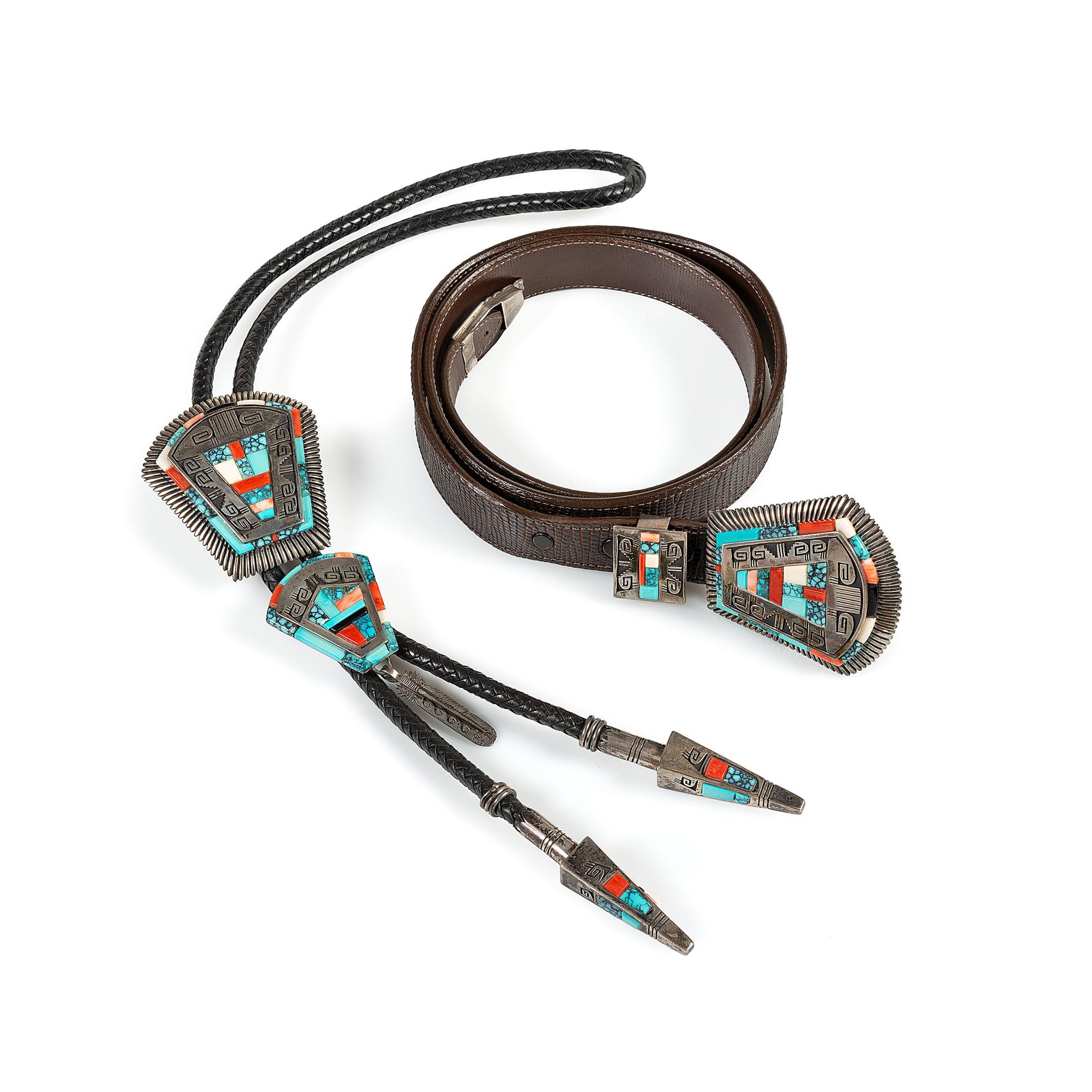 Sterling Silver and Mosaic Inlay Bolo Tie and Ranger Set
