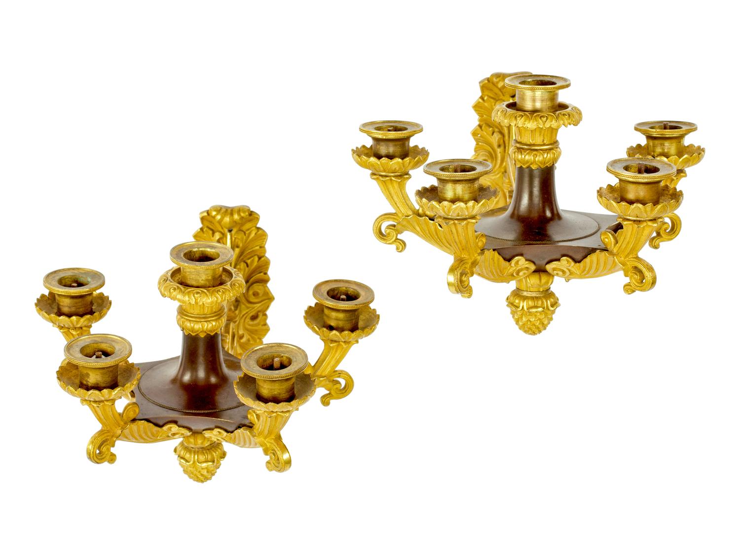 A Pair of Louis Philippe Parcel-Gilt and Patinated Bronze Six-Light Sconces