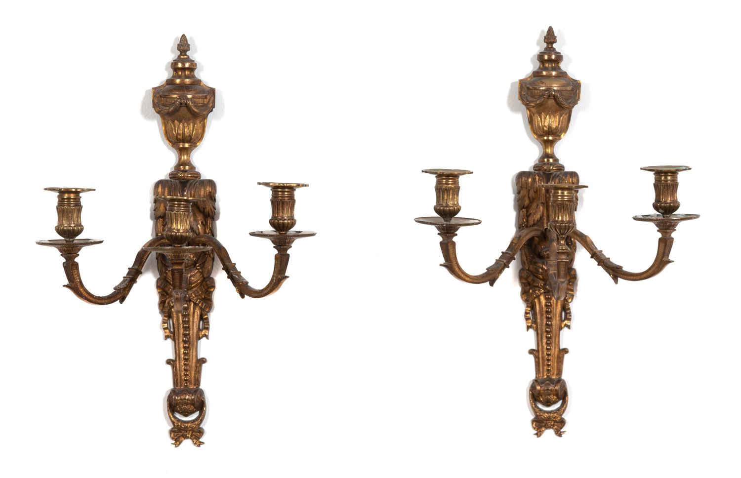 A Pair of Louis XVI Style Gilt Metal Three-Light Wall Sconces — LATE 19TH CENTURY