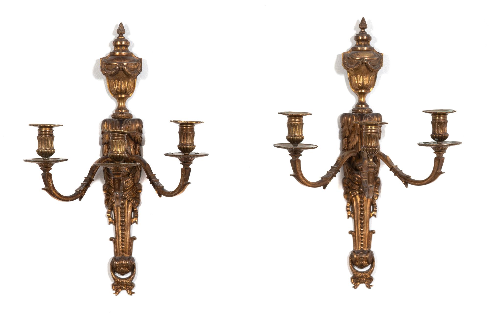 A Pair of Louis XVI Style Gilt Metal Three-Light Wall Sconces — LATE 19TH CENTURY