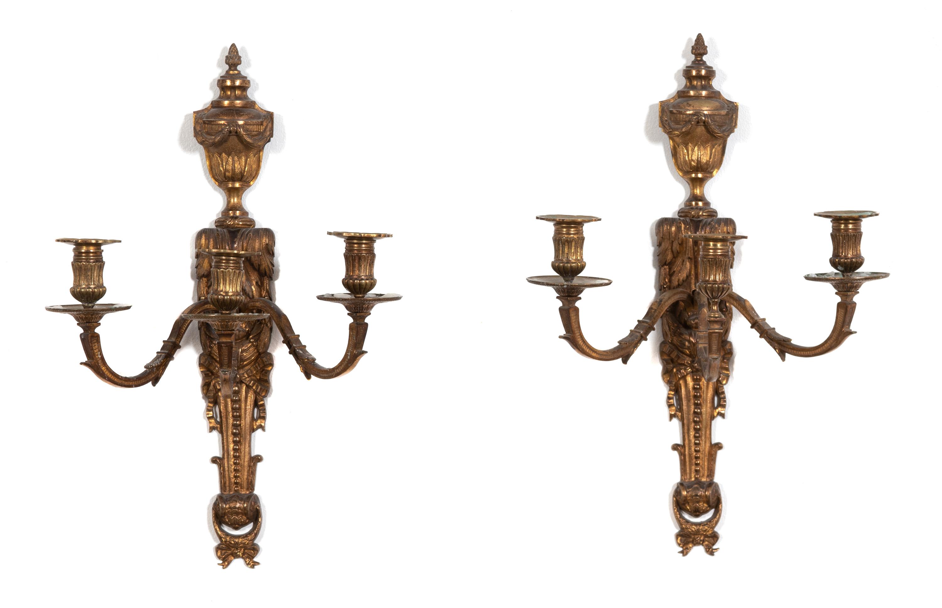 A Pair of Louis XVI Style Gilt Metal Three-Light Wall Sconces — LATE 19TH CENTURY