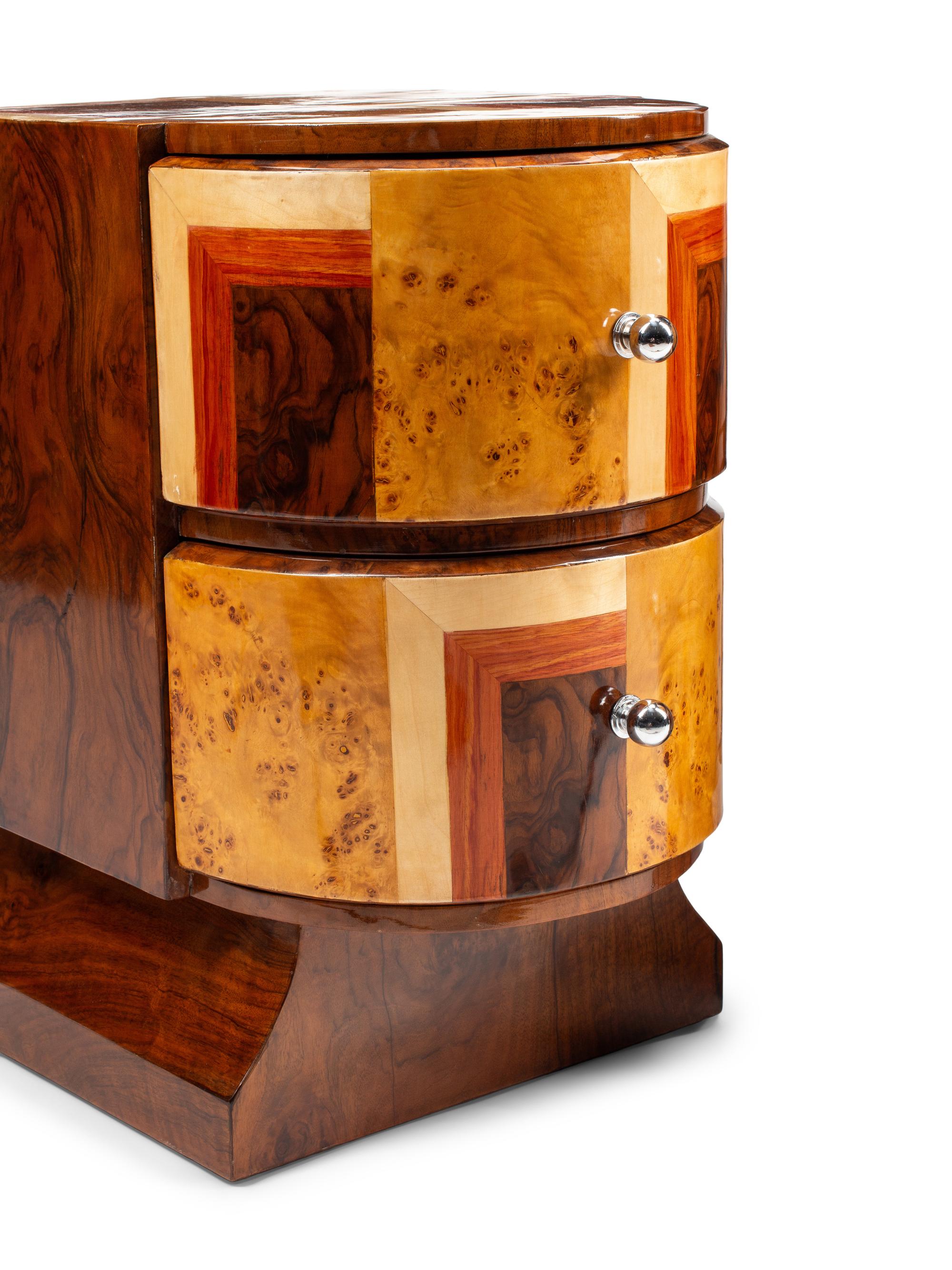 A Pair of Art Deco Style Burlwood Bedside Cabinets