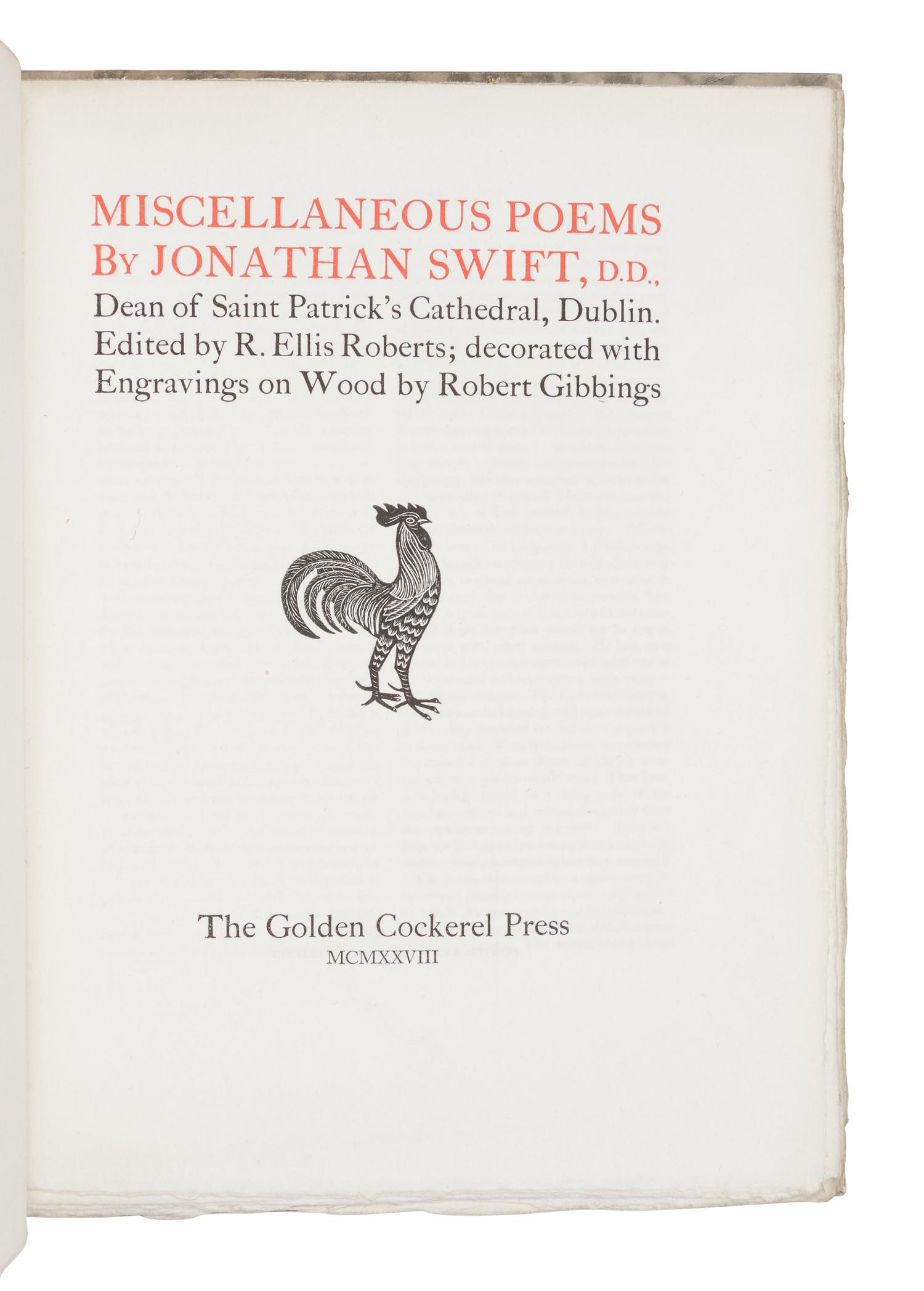 [GOLDEN COCKEREL PRESS]. SWIFT, Jonathan (1667-1745). Miscellaneous Poems . Waltham Saint Lawrence, Berkshire: Golden Cockerel Press, 1928.