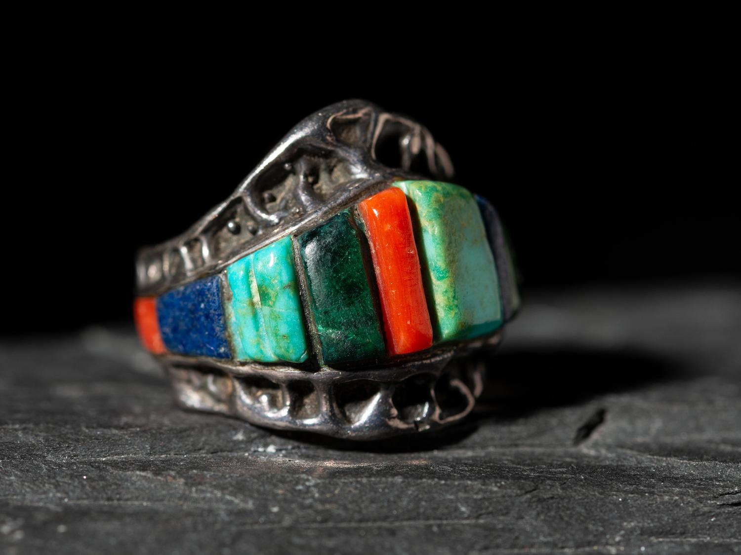 Silver Tufa Cast Shield Ring, with Cobblestone Inlay