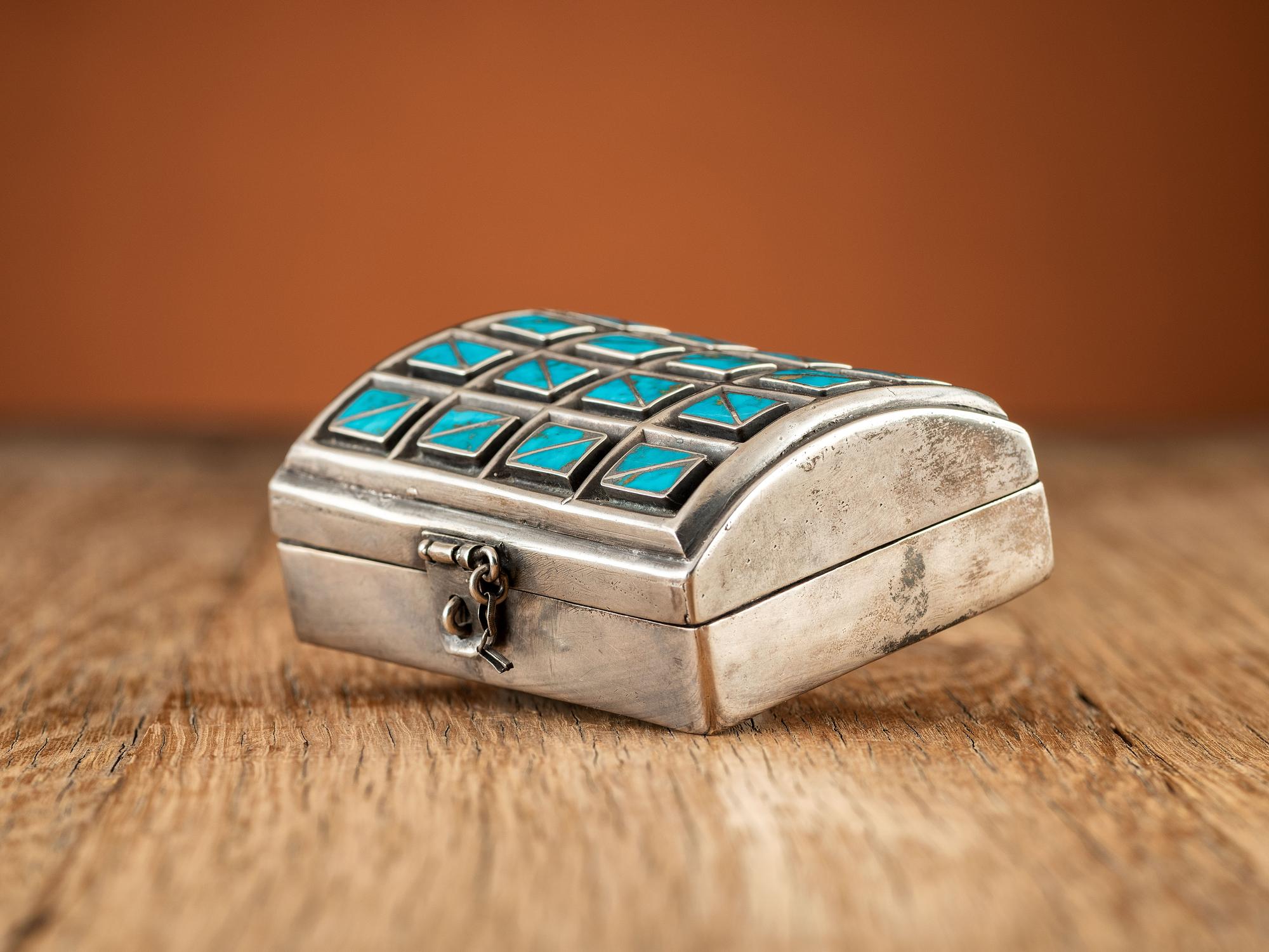 Silver Lidded Box, with Turquoise Channel Inlay
