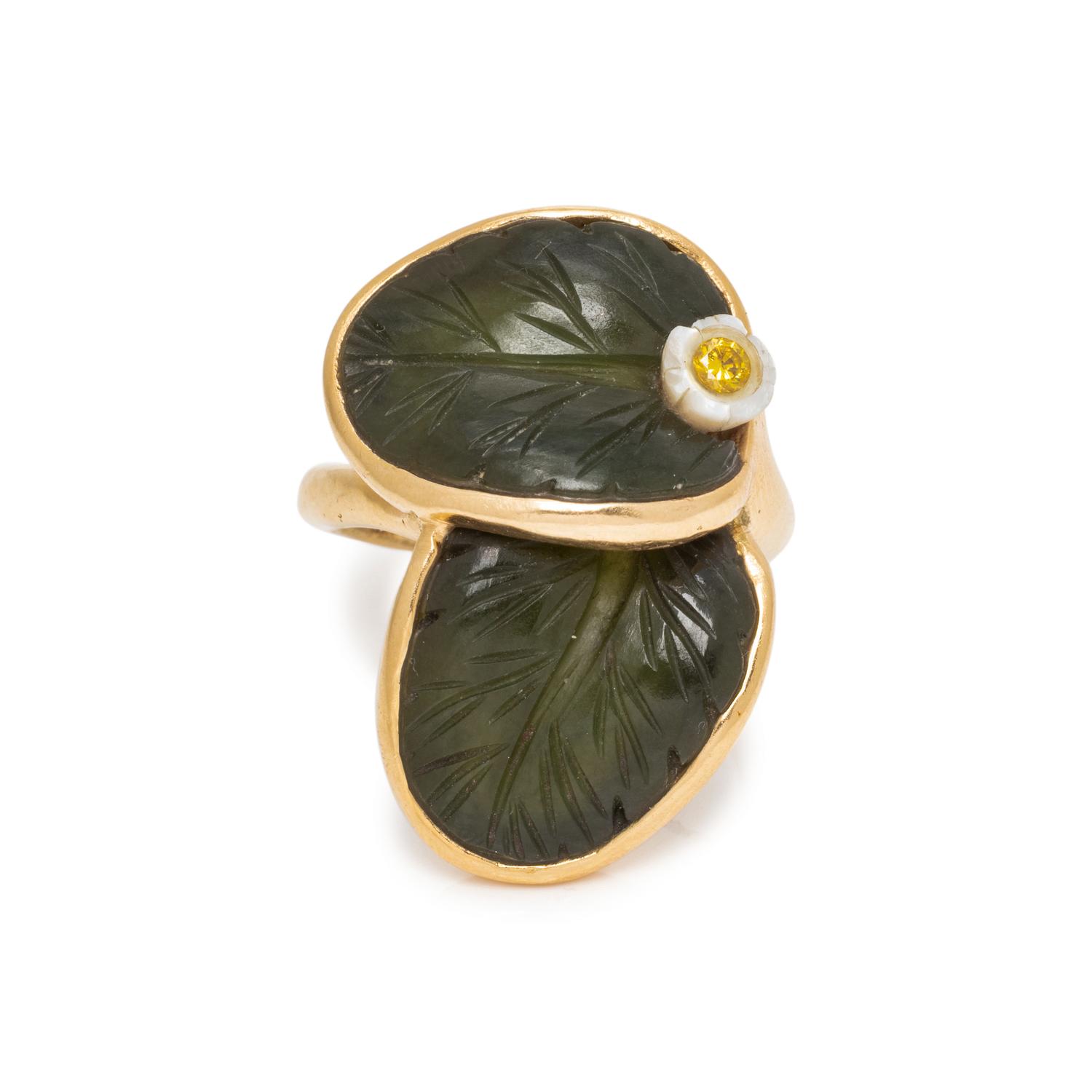 NEPHRITE, MOTHER-OF-PEARL AND COLORED DIAMOND RING