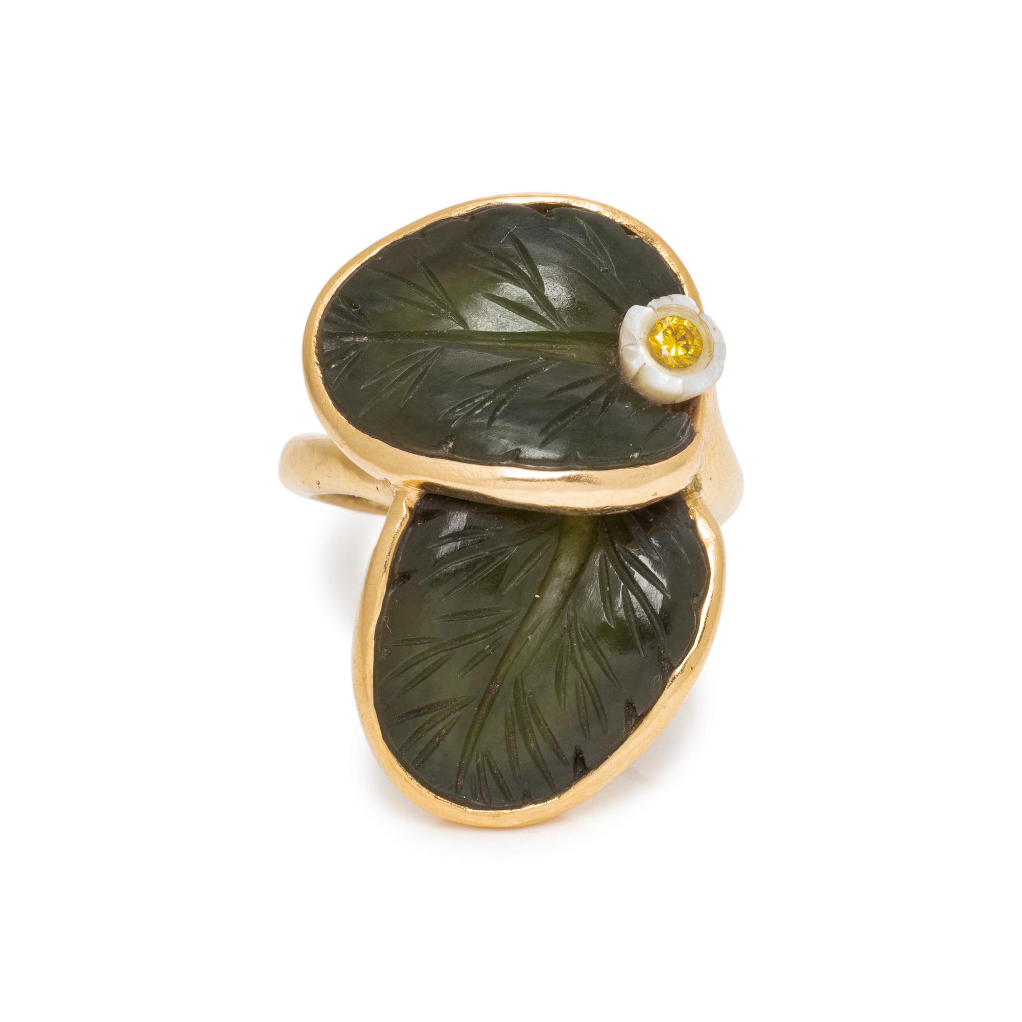 NEPHRITE, MOTHER-OF-PEARL AND COLORED DIAMOND RING