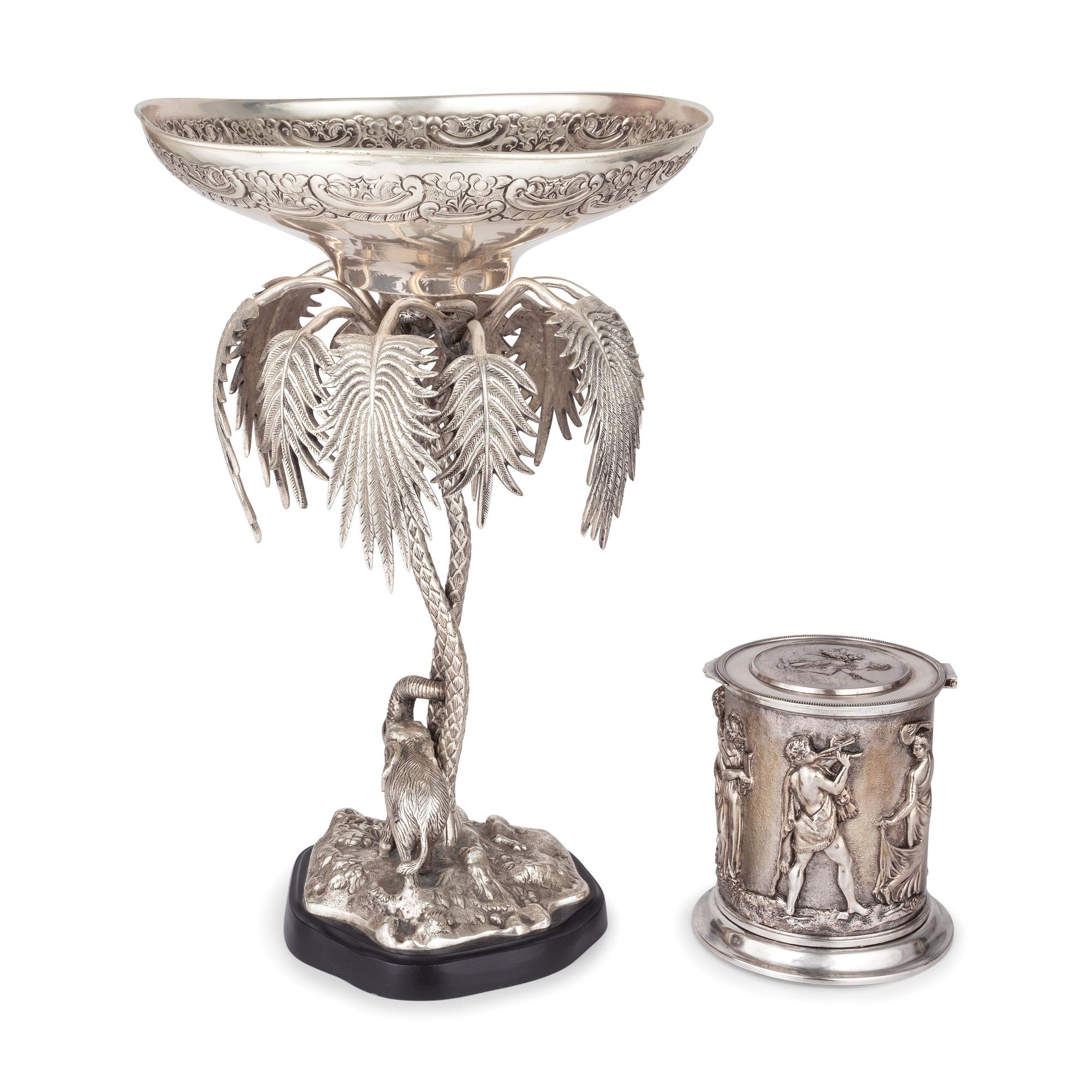 A Silverplated Compote with Elephant and Palms
