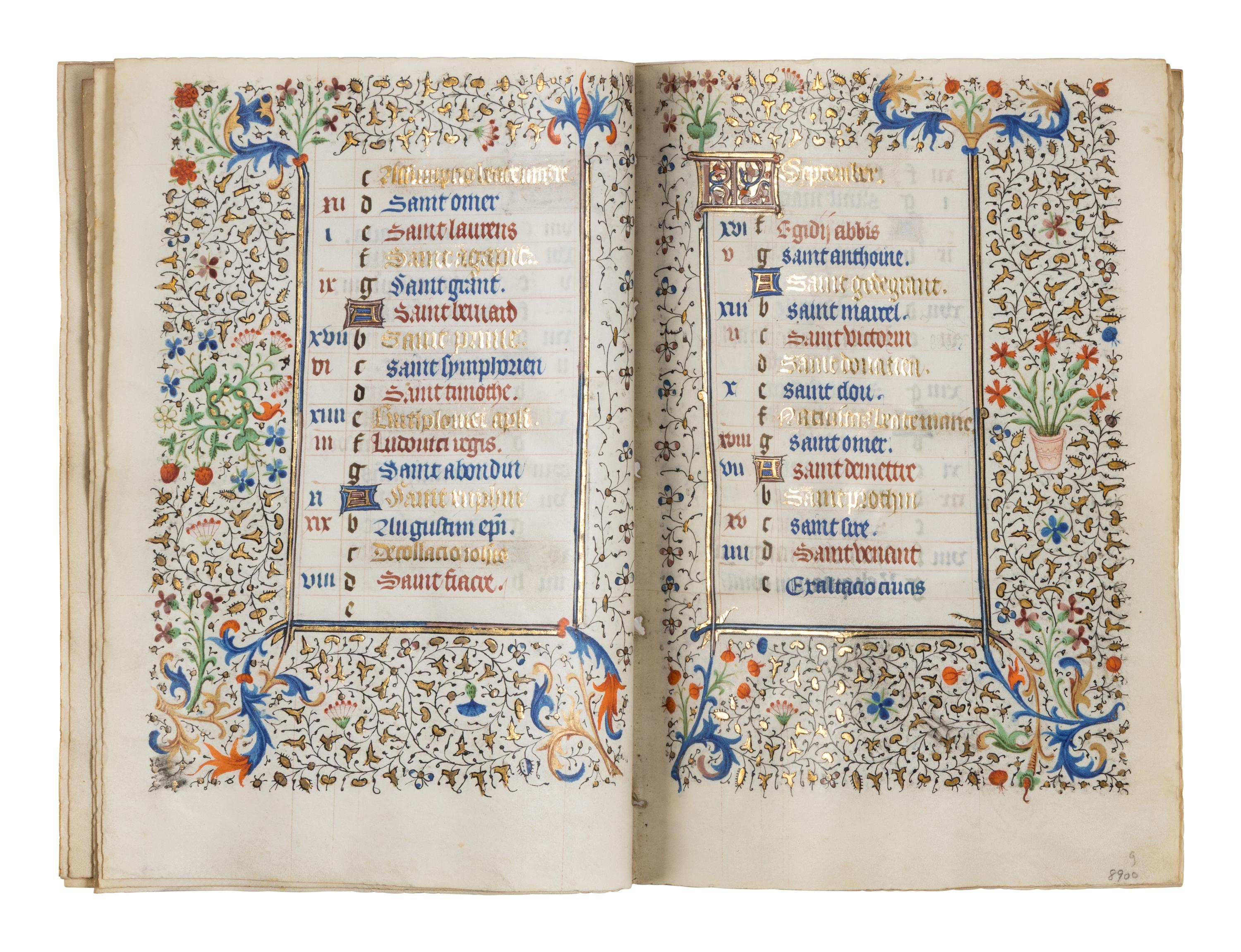 CIRCLE OF THE MASTER OF JEAN ROLIN II (active Paris, c. 1445–1465) A single quire of twelve leaves from a Book of Hours, calendar, in French, illuminated manuscript on parchment [France, Paris, c. 1450]