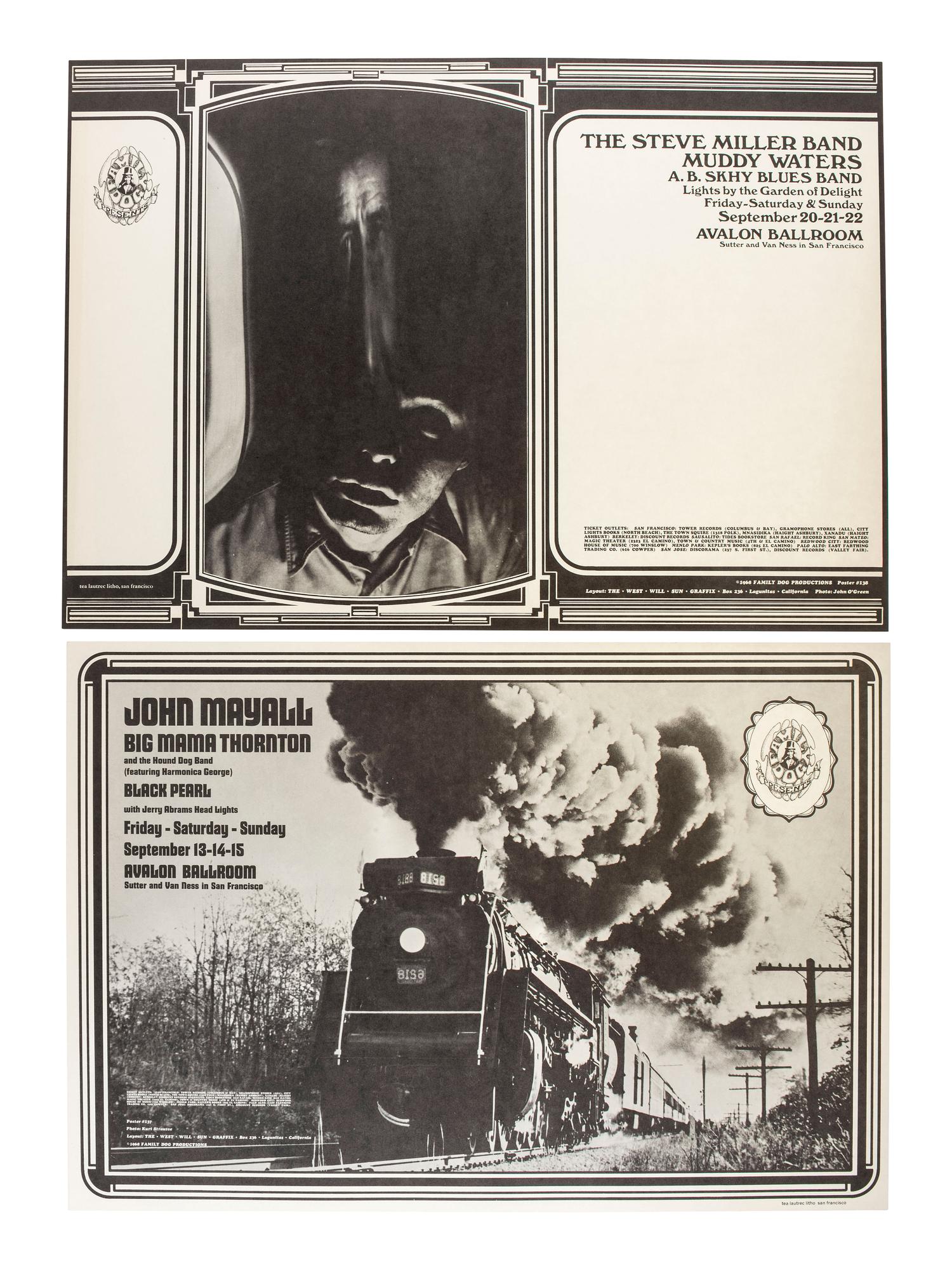 [MUSIC] -- [POSTERS]. GLOVER,Billy, HUNTER, George, WAINWRIGHT, Jerry, WEIL, Roger, STRAUSS, Kurt, WILSON, Wes, artists. A group of 8 Family Dog posters from 1968, comprising: