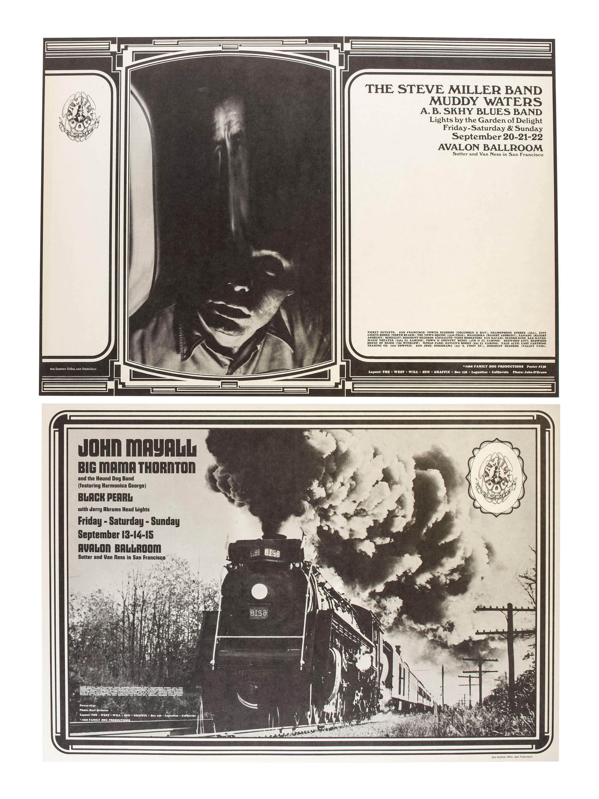 [MUSIC] -- [POSTERS]. GLOVER,Billy, HUNTER, George, WAINWRIGHT, Jerry, WEIL, Roger, STRAUSS, Kurt, WILSON, Wes, artists. A group of 8 Family Dog posters from 1968, comprising: