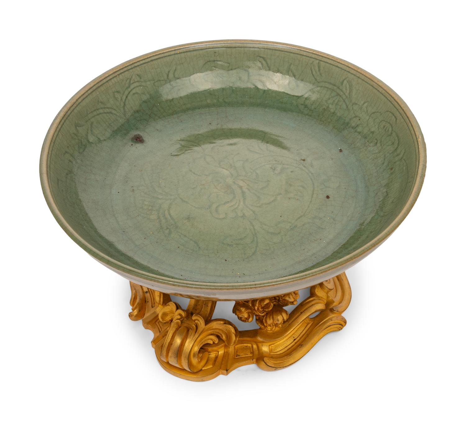 A French Gilt-Bronze Mounted Chinese Celadon Glazed Porcelain Dish