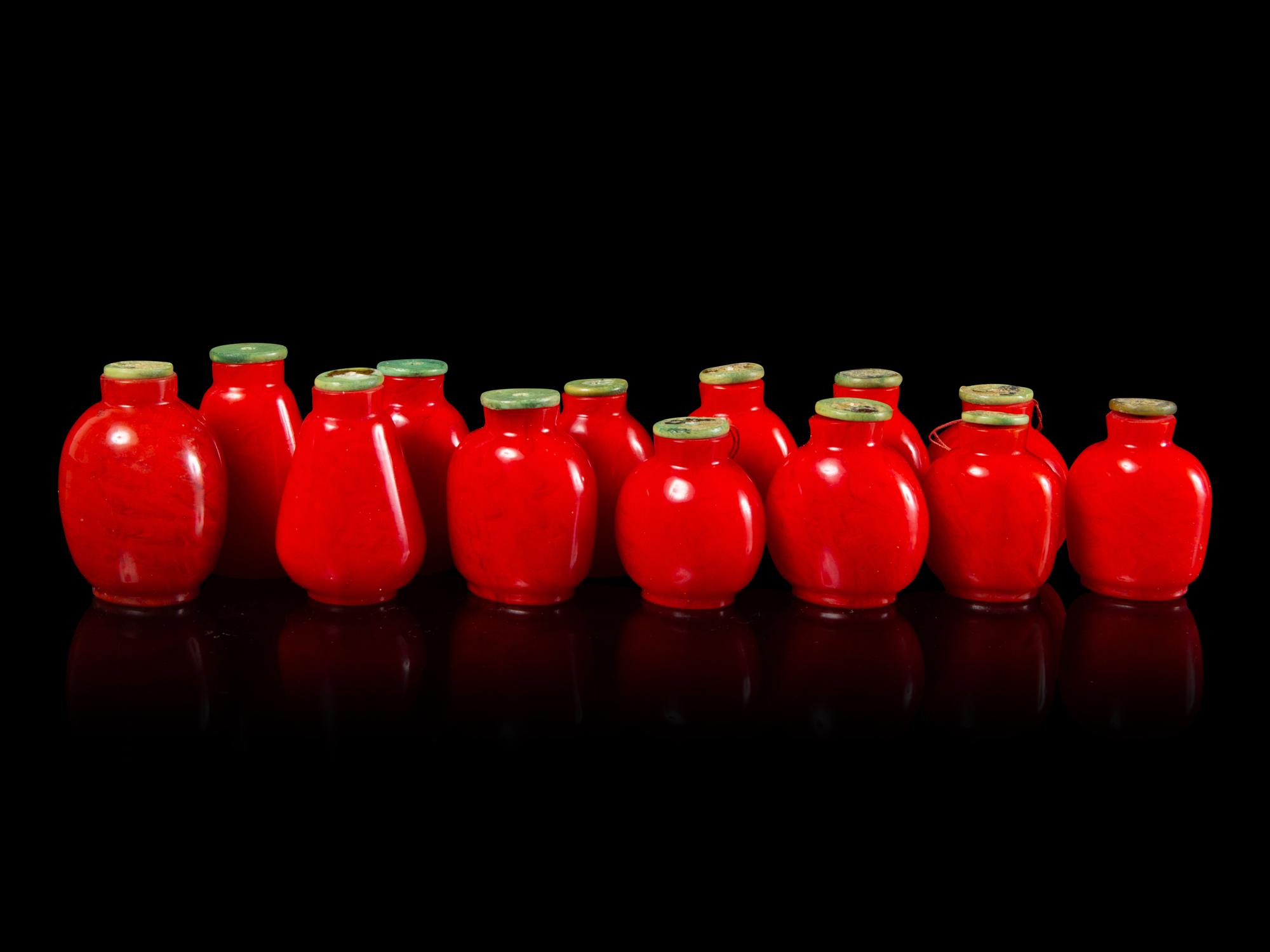 Thirteen Chinese Red Glass Snuff Bottles